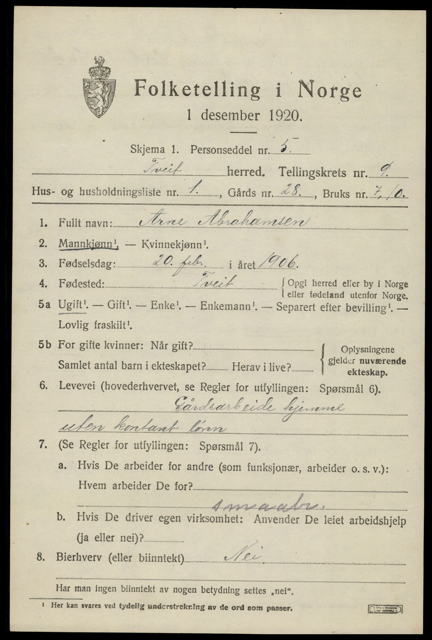 SAK, 1920 census for Tveit, 1920, p. 3876