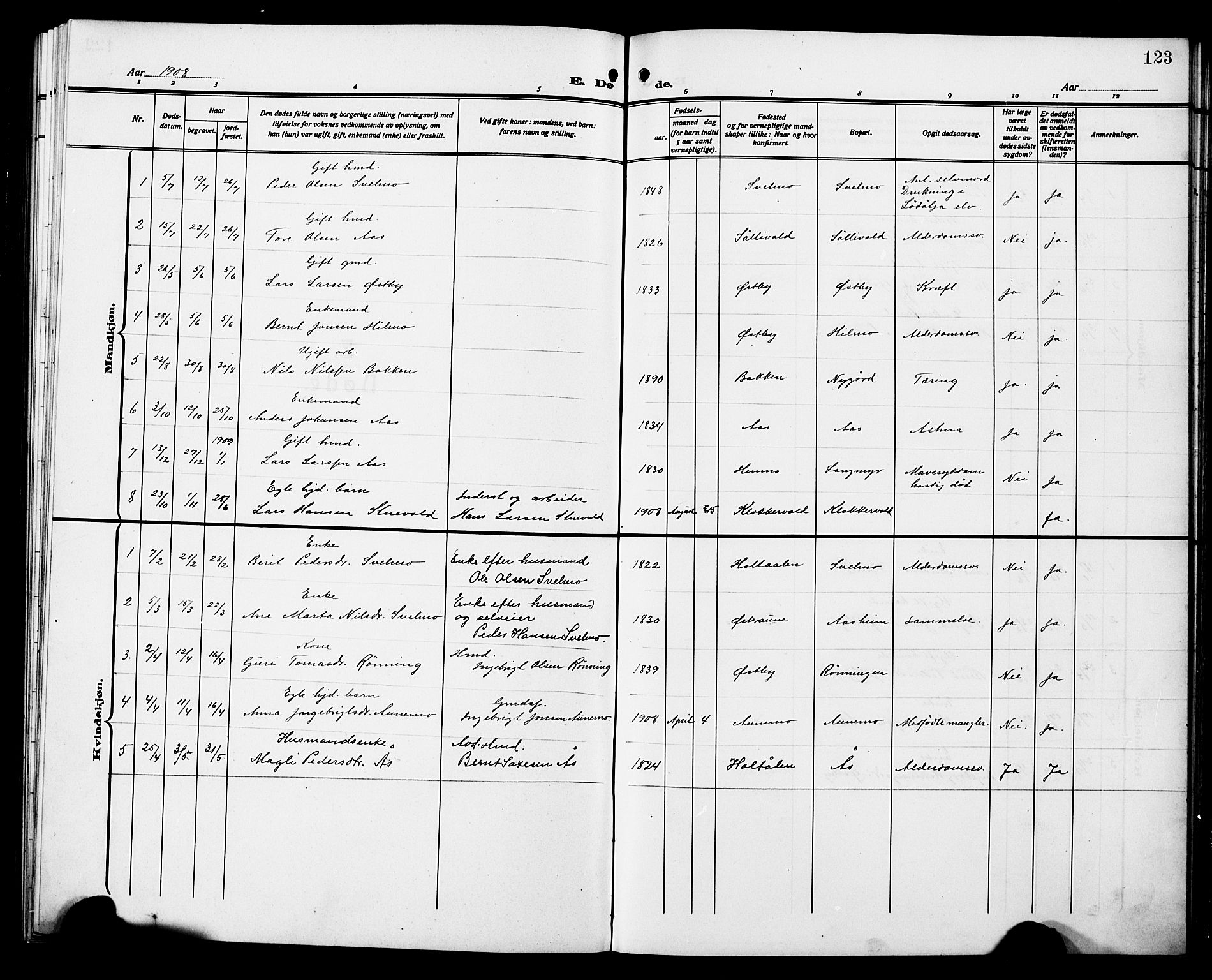 Ministerialprotokoller, klokkerbøker og fødselsregistre - Sør-Trøndelag, SAT/A-1456/698/L1168: Parish register (copy) no. 698C05, 1908-1930, p. 123