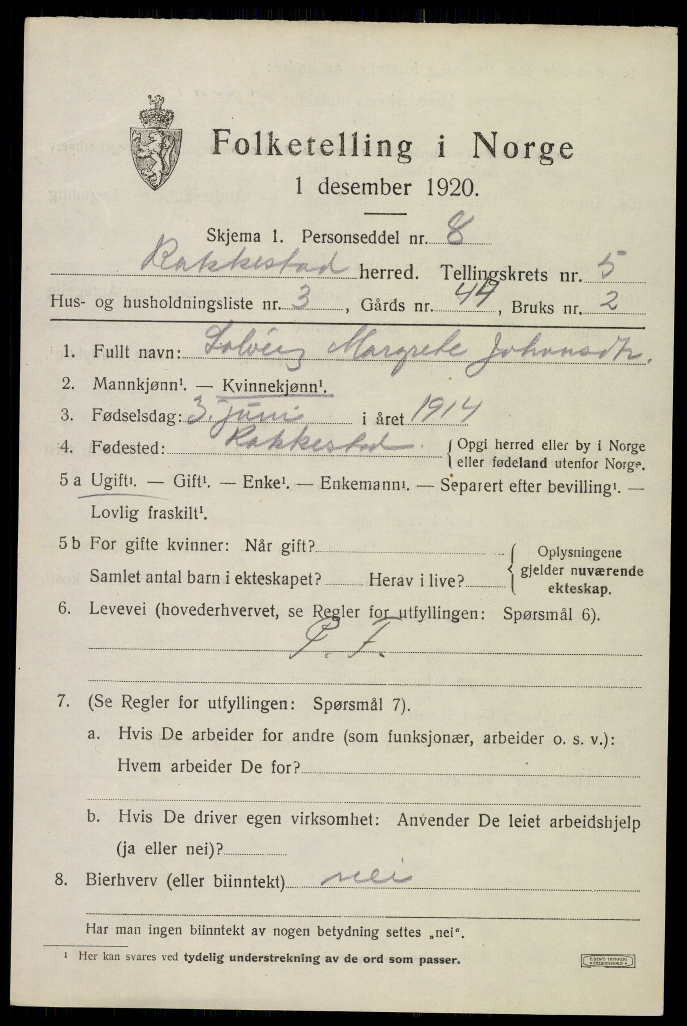 SAO, 1920 census for Rakkestad, 1920, p. 6035