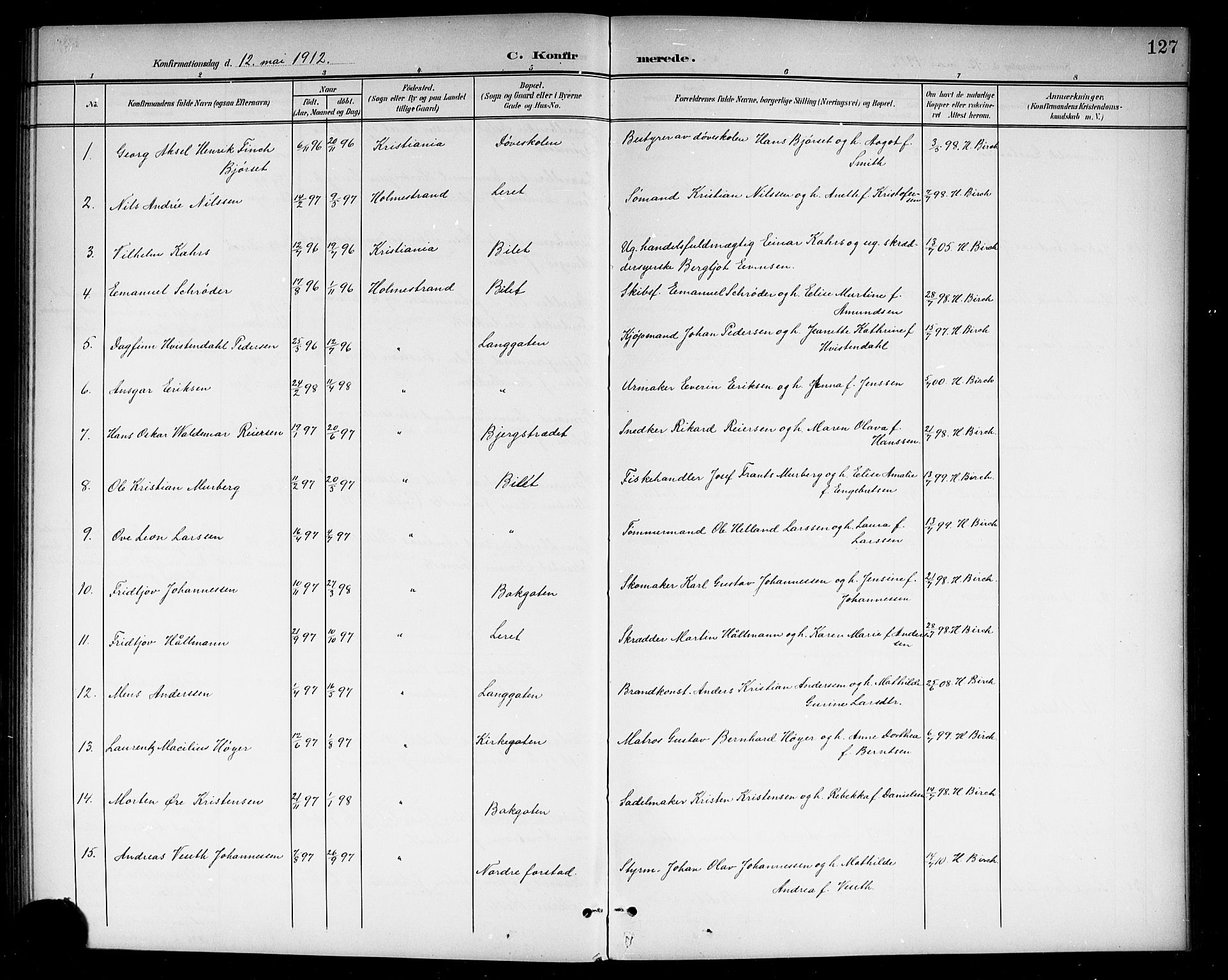 Holmestrand kirkebøker, AV/SAKO-A-346/G/Ga/L0006: Parish register (copy) no. 6, 1901-1923, p. 127