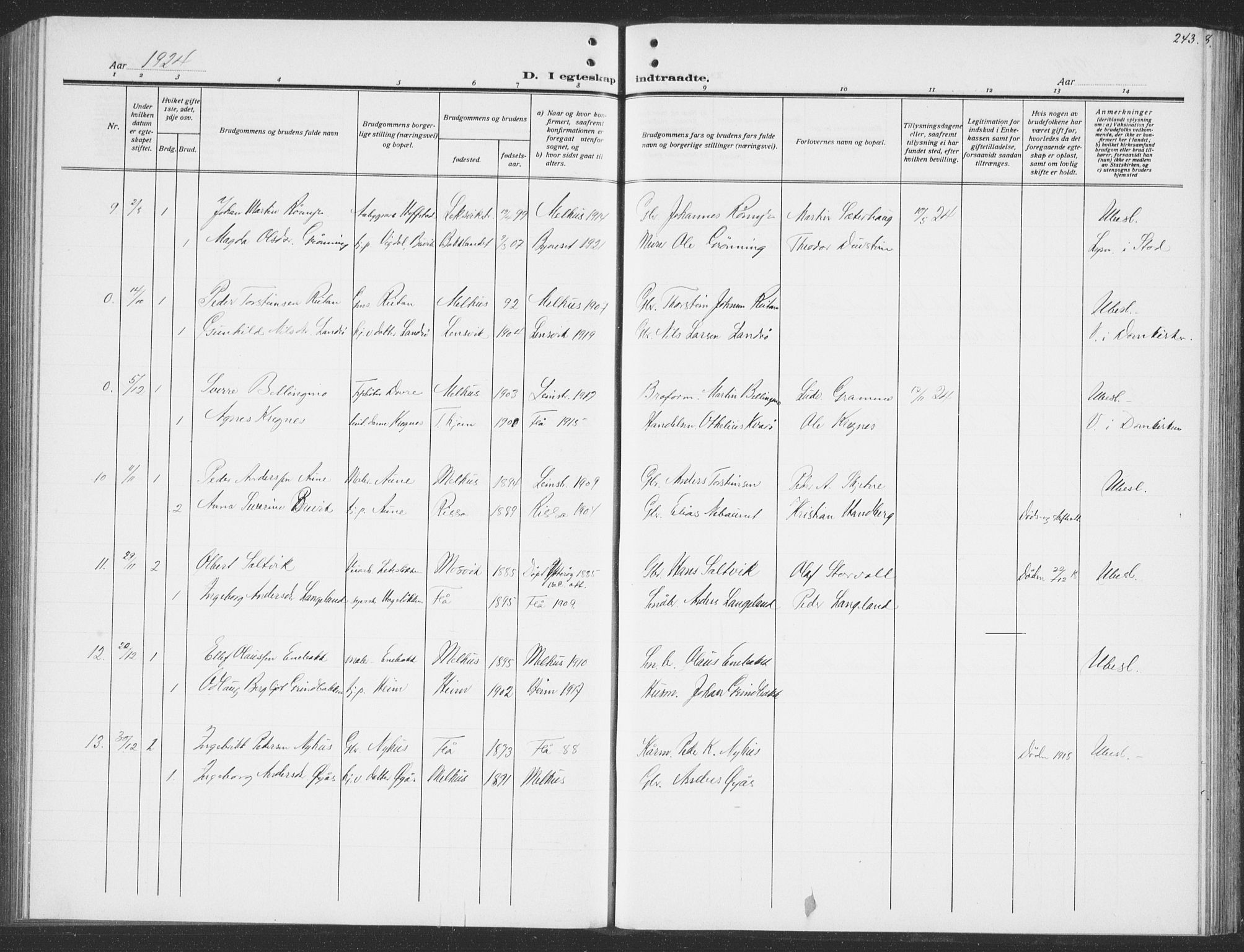 Ministerialprotokoller, klokkerbøker og fødselsregistre - Sør-Trøndelag, SAT/A-1456/691/L1095: Parish register (copy) no. 691C06, 1912-1933, p. 243