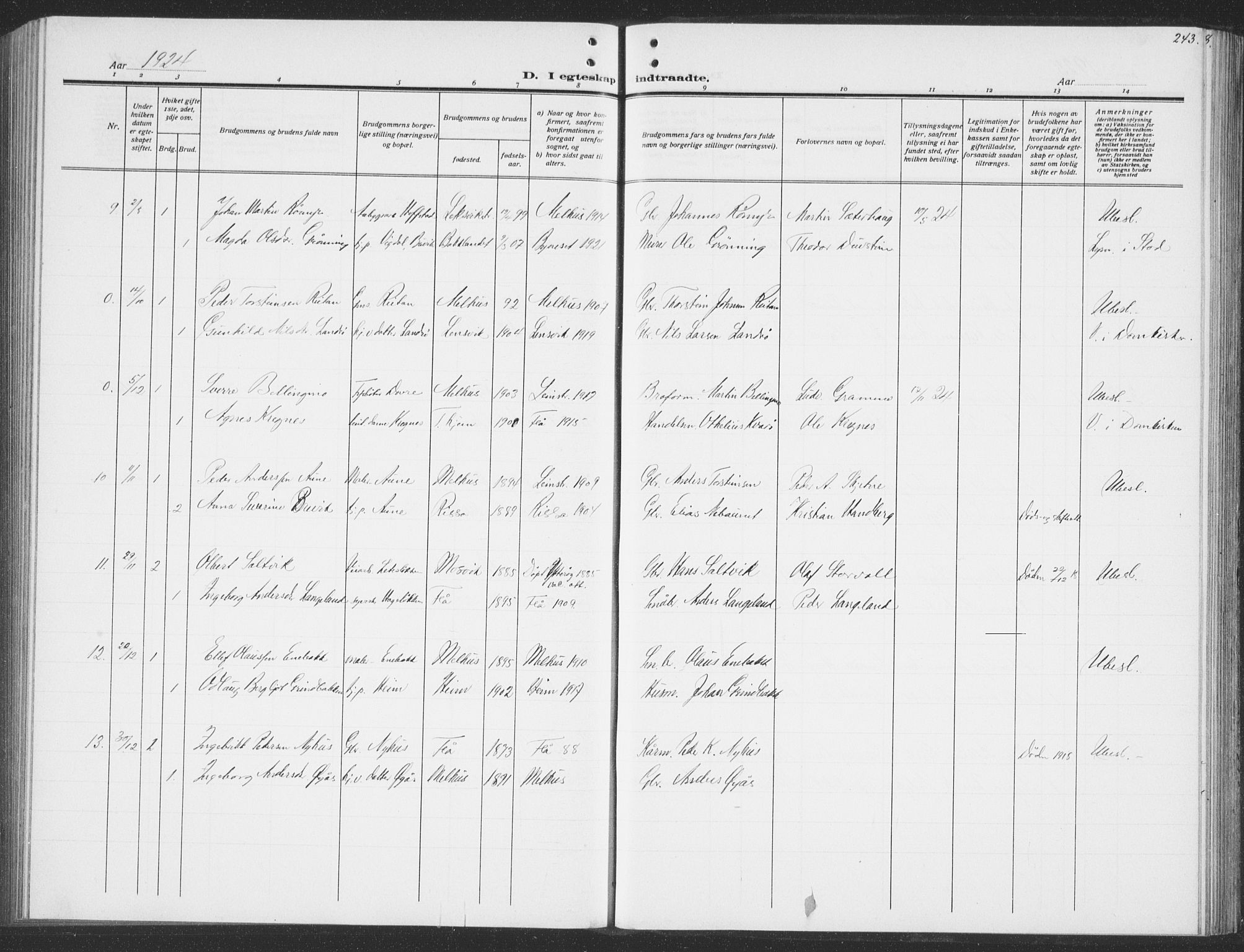 Ministerialprotokoller, klokkerbøker og fødselsregistre - Sør-Trøndelag, AV/SAT-A-1456/691/L1095: Parish register (copy) no. 691C06, 1912-1933, p. 243