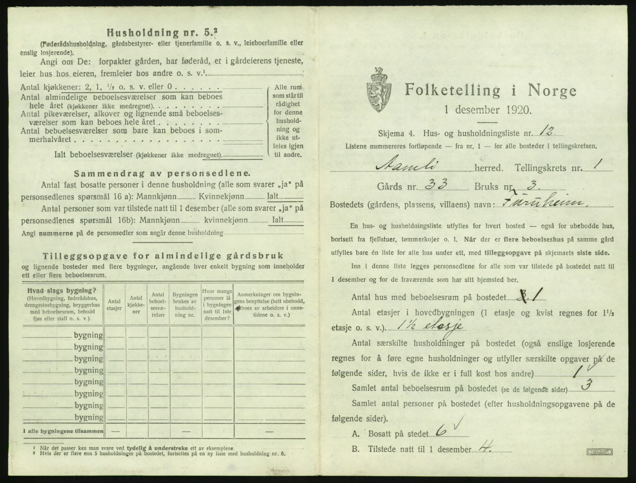 SAK, 1920 census for Åmli, 1920, p. 65