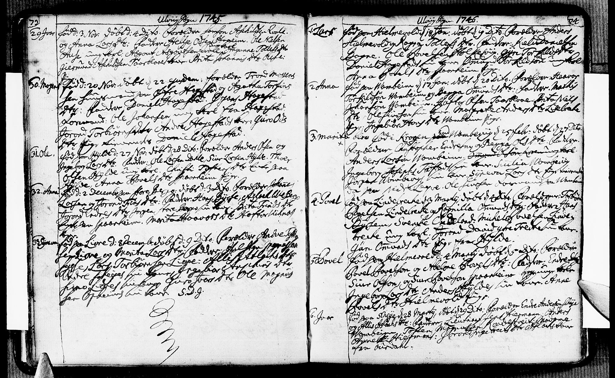 Ulvik sokneprestembete, SAB/A-78801/H/Haa: Parish register (official) no. A 6, 1743-1761, p. 73-74