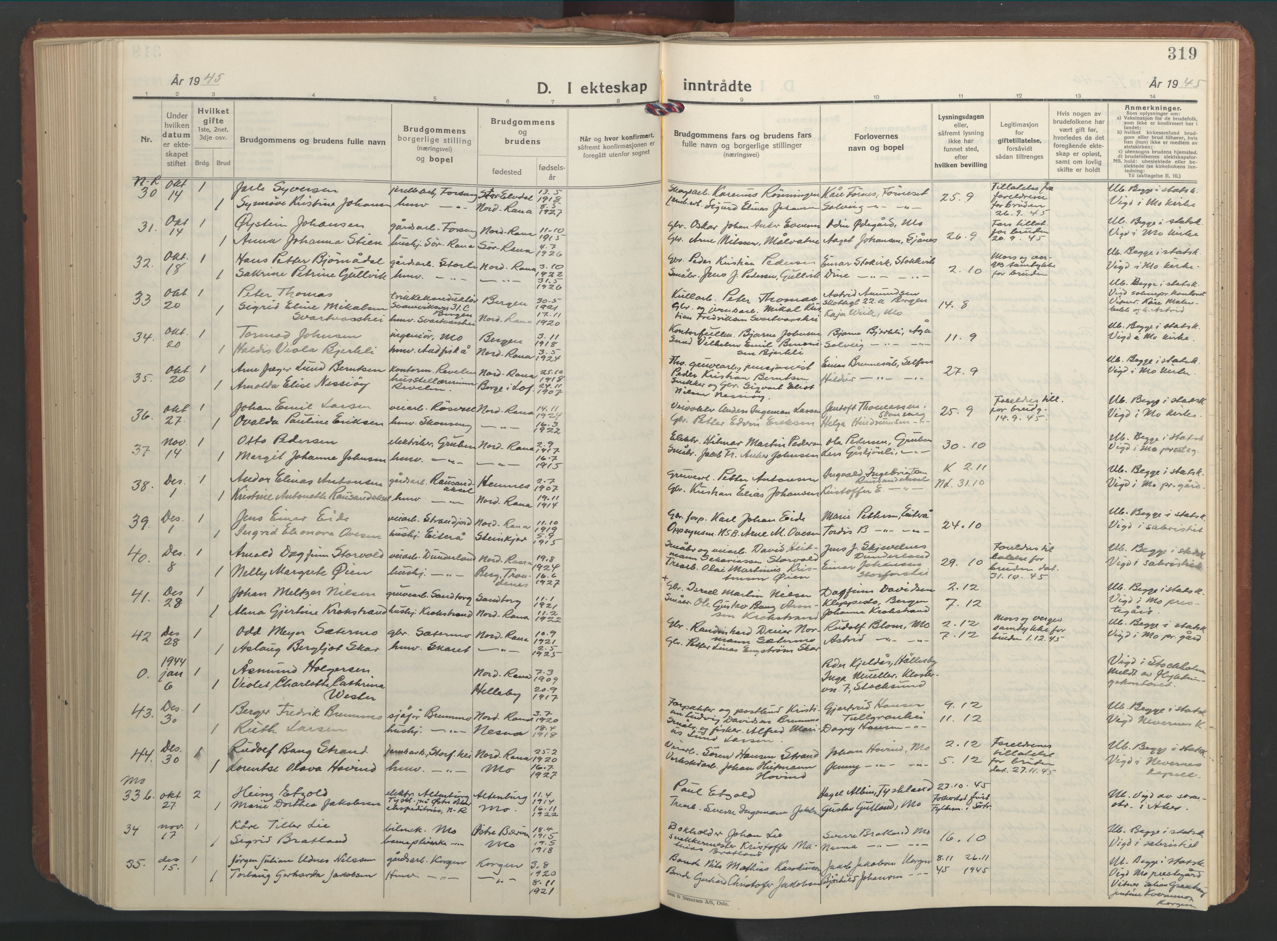 Ministerialprotokoller, klokkerbøker og fødselsregistre - Nordland, SAT/A-1459/827/L0425: Parish register (copy) no. 827C14, 1931-1946, p. 319