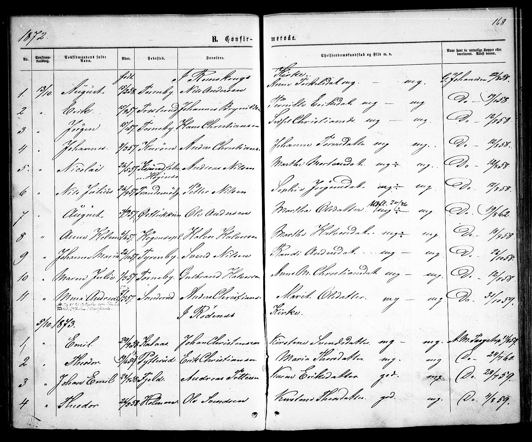 Rødenes prestekontor Kirkebøker, AV/SAO-A-2005/F/Fa/L0008: Parish register (official) no. I 8, 1869-1879, p. 168