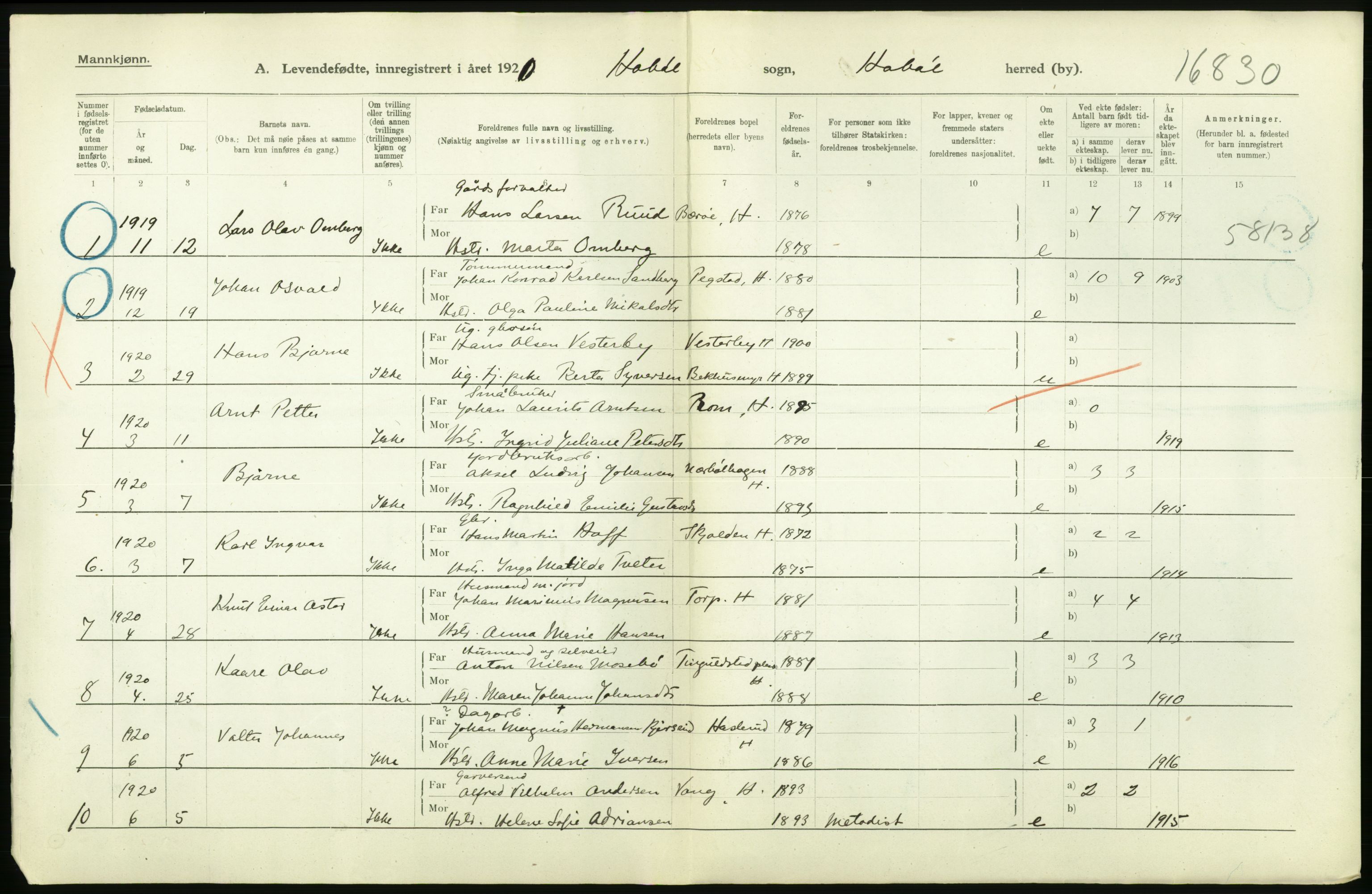 Statistisk sentralbyrå, Sosiodemografiske emner, Befolkning, RA/S-2228/D/Df/Dfb/Dfbj/L0001: Østfold fylke: Levendefødte menn og kvinner. Bygder., 1920, p. 10