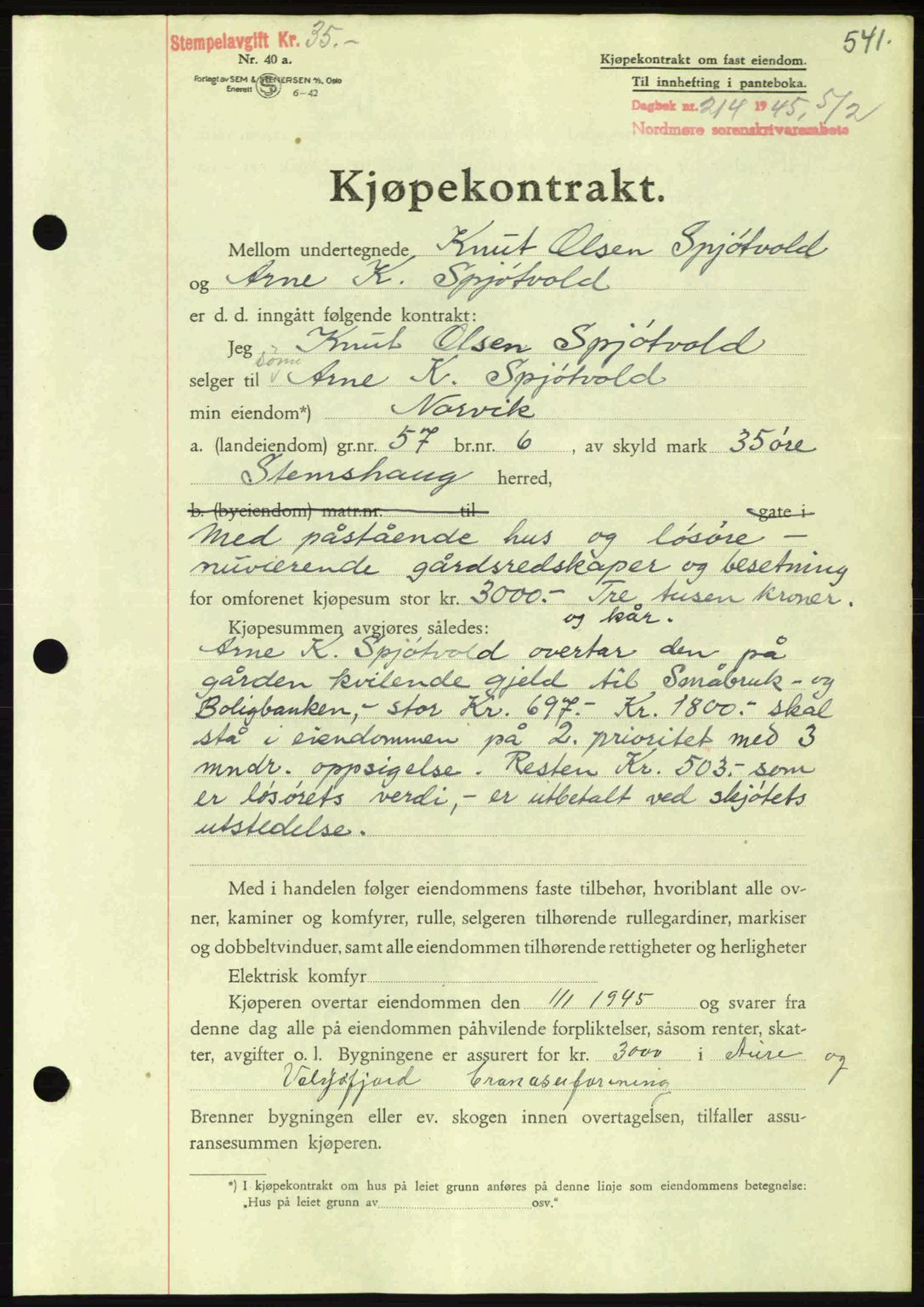 Nordmøre sorenskriveri, AV/SAT-A-4132/1/2/2Ca: Mortgage book no. B92, 1944-1945, Diary no: : 214/1945