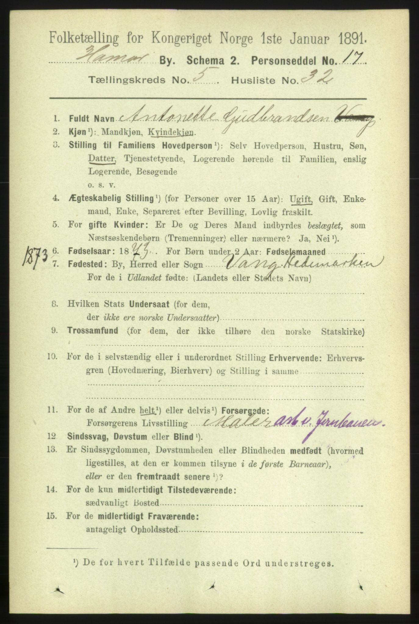 RA, 1891 census for 0401 Hamar, 1891, p. 4189