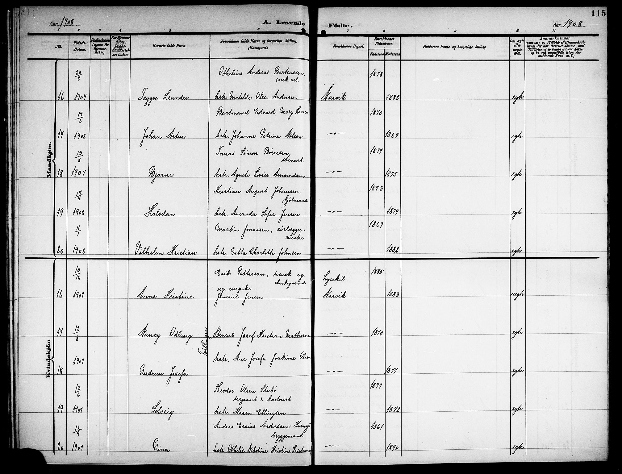 Ministerialprotokoller, klokkerbøker og fødselsregistre - Nordland, AV/SAT-A-1459/871/L1012: Parish register (copy) no. 871C01, 1902-1909, p. 115