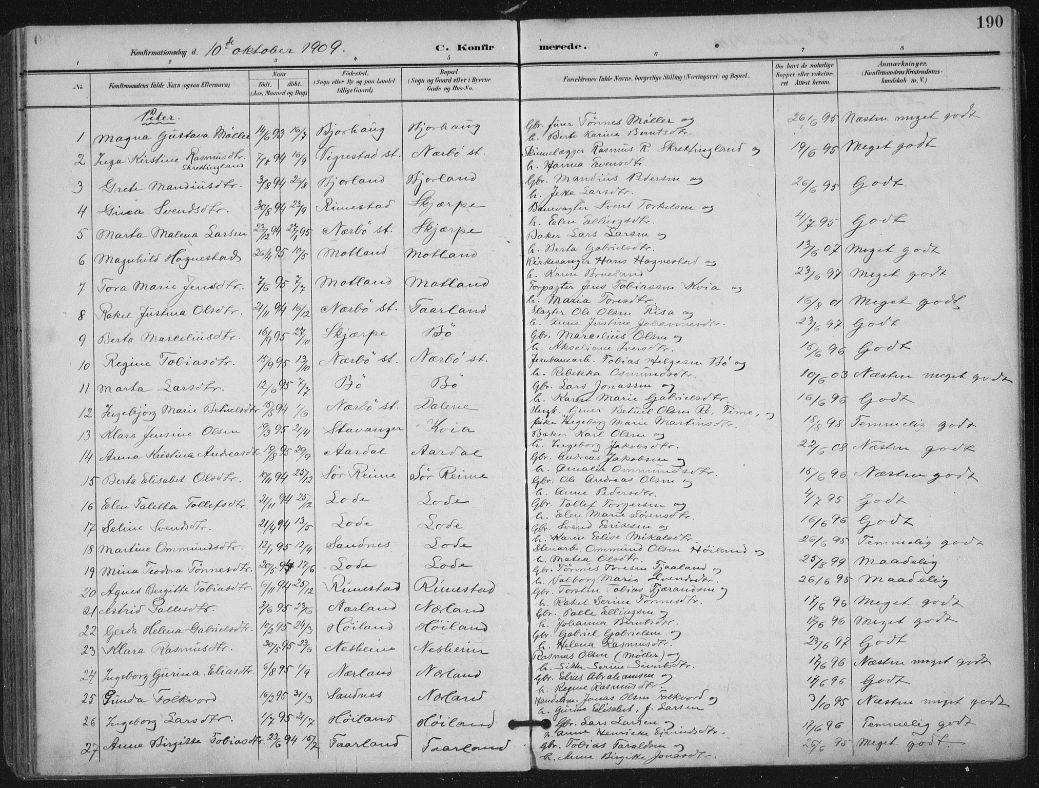 Hå sokneprestkontor, AV/SAST-A-101801/002/B/L0001: Parish register (official) no. A 11, 1897-1924, p. 190