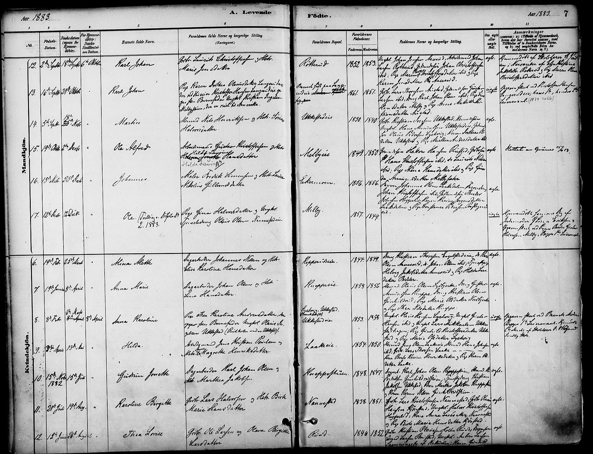 Nannestad prestekontor Kirkebøker, SAO/A-10414a/F/Fa/L0014: Parish register (official) no. I 14, 1881-1890, p. 7