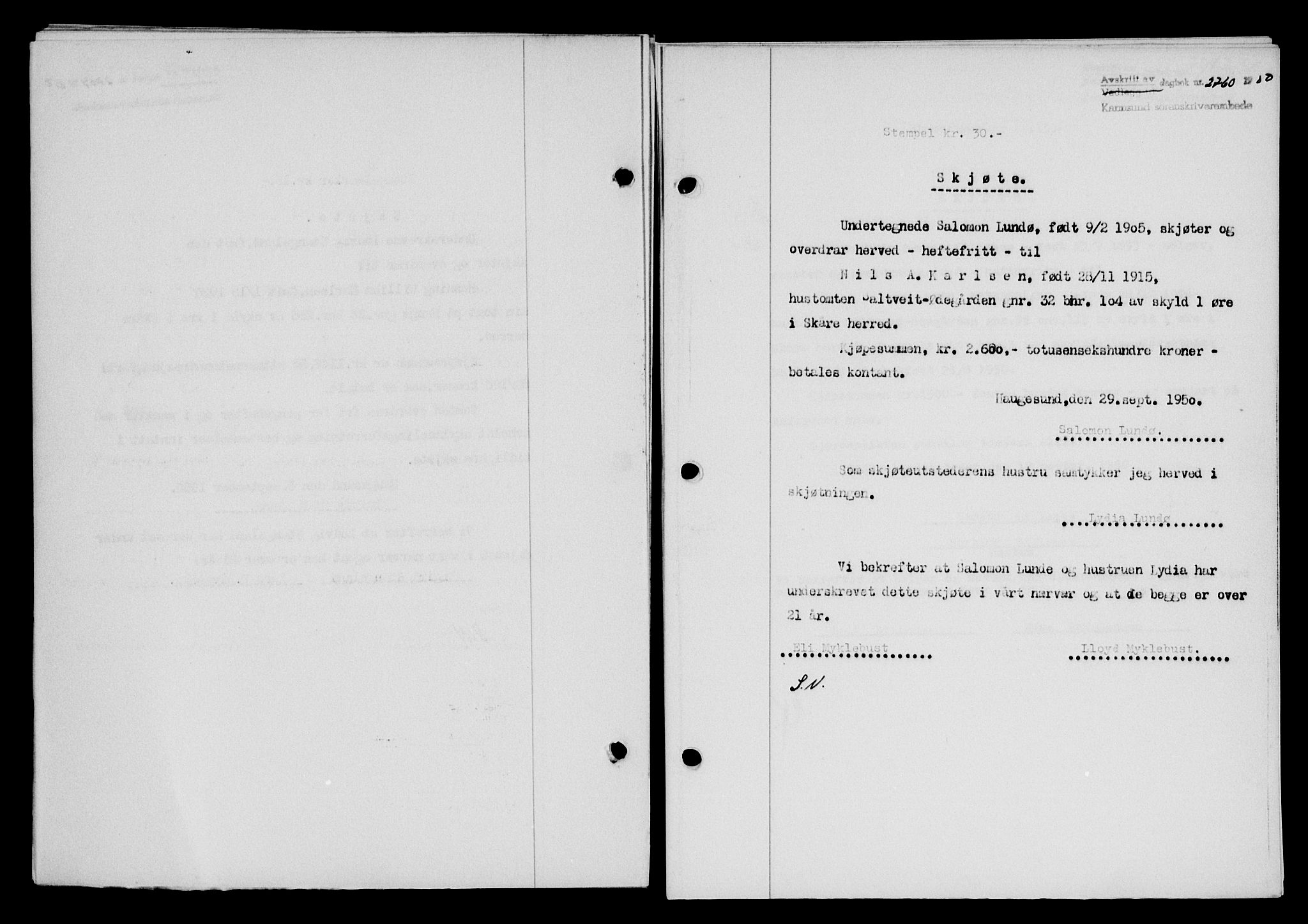 Karmsund sorenskriveri, SAST/A-100311/01/II/IIB/L0101: Mortgage book no. 81A, 1950-1951, Diary no: : 2760/1950
