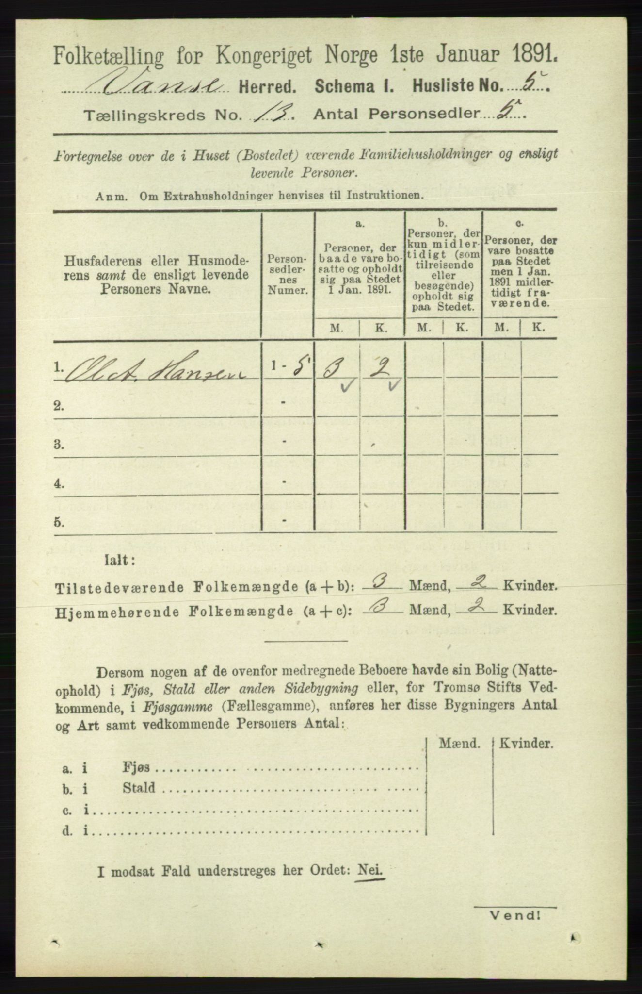 RA, 1891 census for 1041 Vanse, 1891, p. 7462