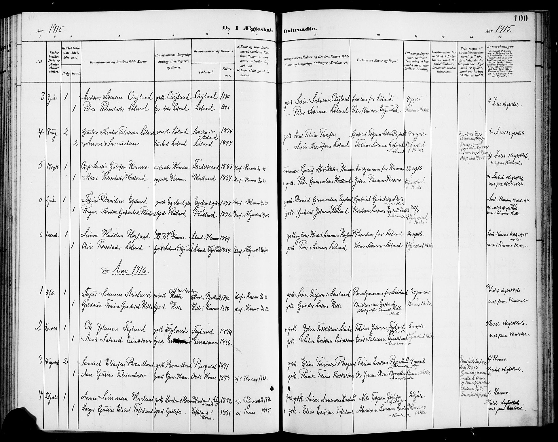 Nord-Audnedal sokneprestkontor, AV/SAK-1111-0032/F/Fb/Fbb/L0004: Parish register (copy) no. B 4, 1901-1917, p. 100