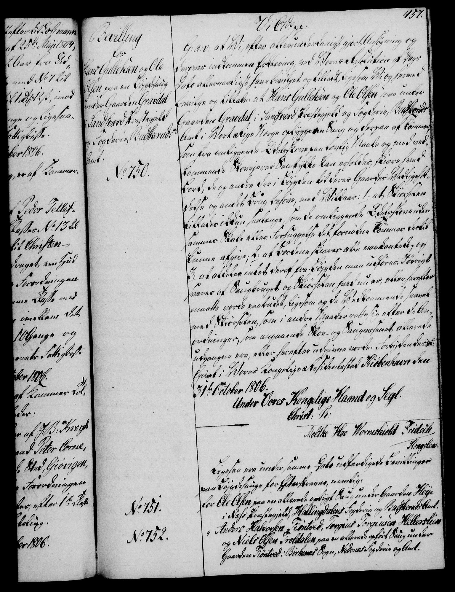 Rentekammeret, Kammerkanselliet, RA/EA-3111/G/Gg/Gga/L0018: Norsk ekspedisjonsprotokoll med register (merket RK 53.18), 1804-1806, p. 457