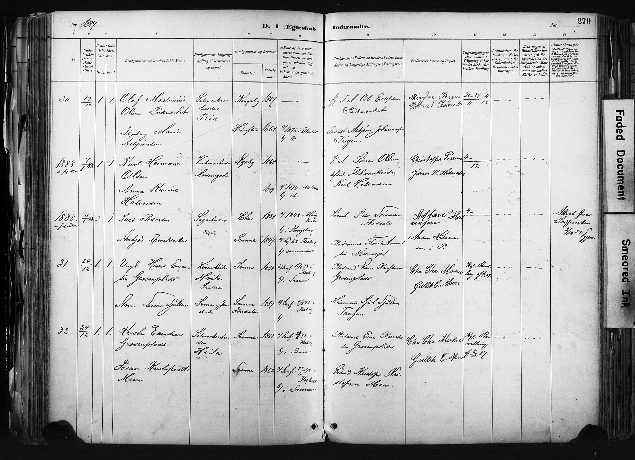 Kongsberg kirkebøker, AV/SAKO-A-22/F/Fb/L0002: Parish register (official) no. II 2, 1886-1896, p. 279