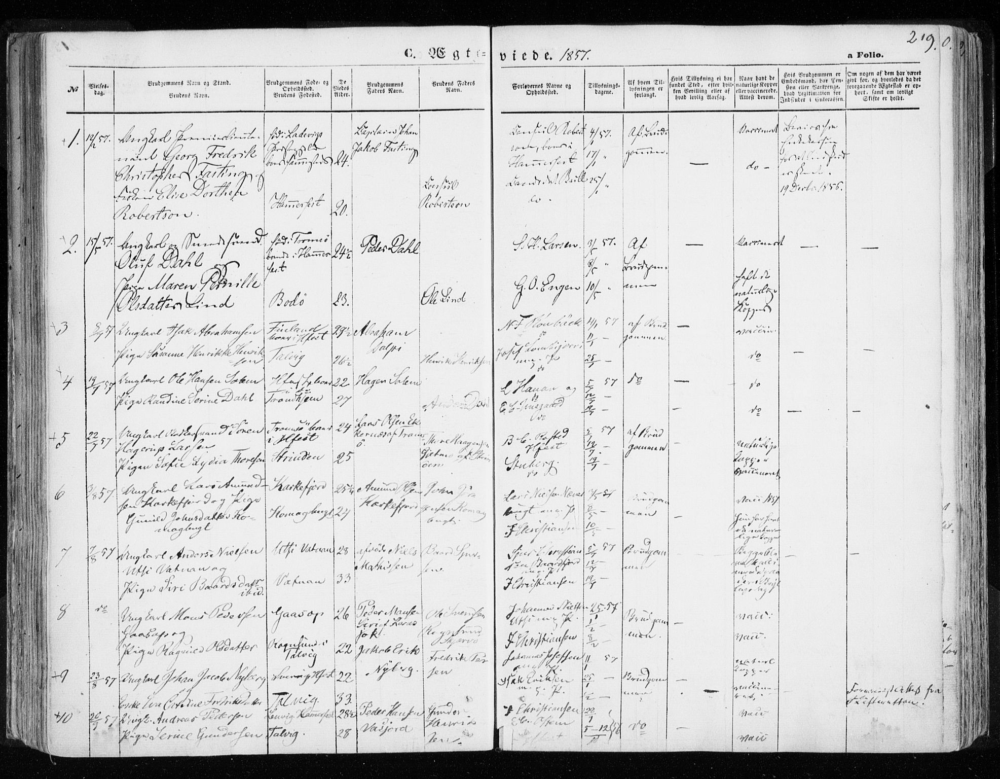 Hammerfest sokneprestkontor, SATØ/S-1347/H/Ha/L0005.kirke: Parish register (official) no. 5, 1857-1869, p. 219