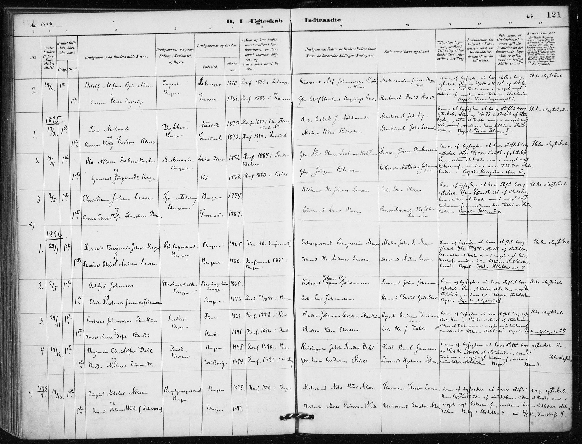 Mariakirken Sokneprestembete, AV/SAB-A-76901/H/Haa/L0013: Parish register (official) no. C 1, 1889-1900, p. 121