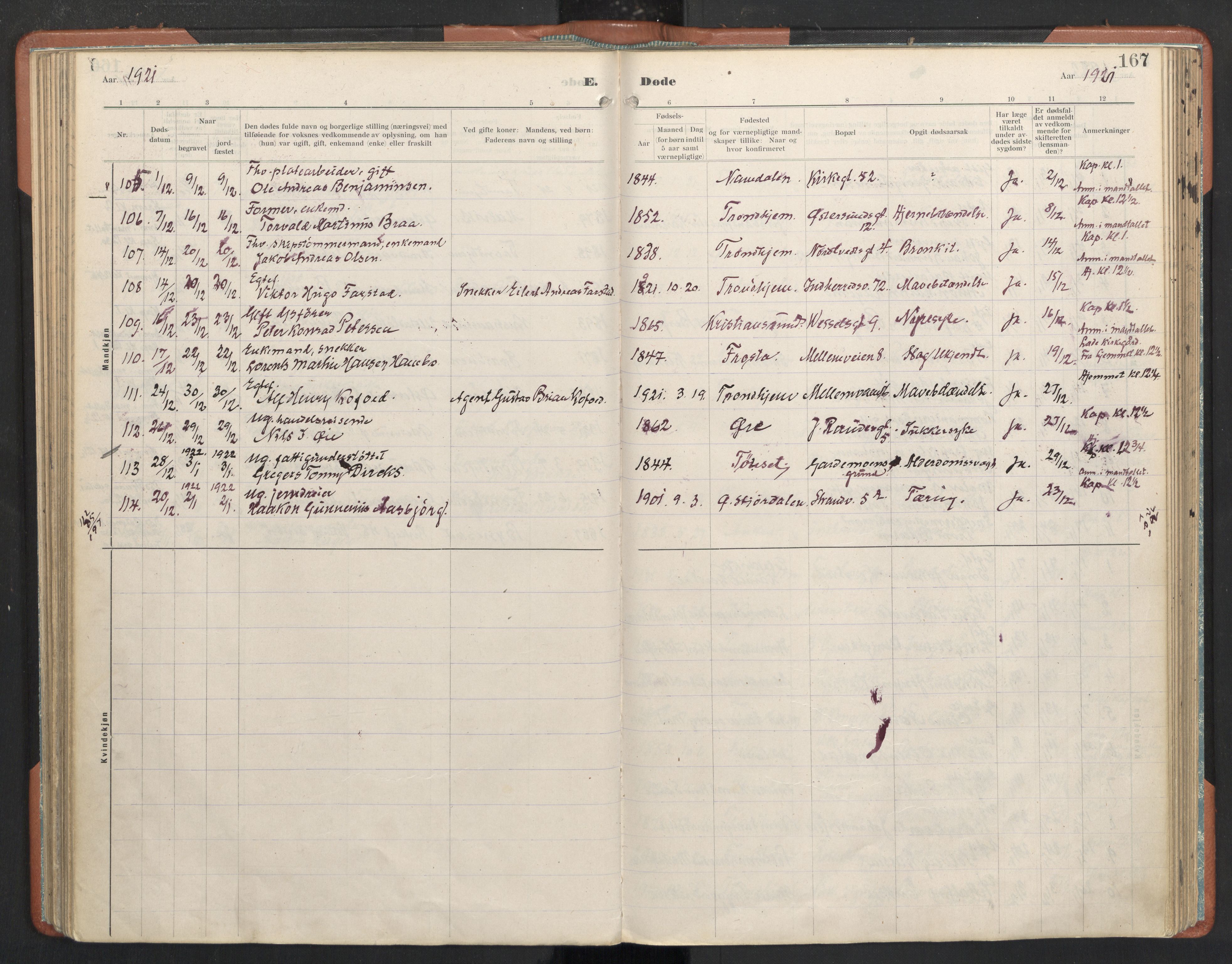 Ministerialprotokoller, klokkerbøker og fødselsregistre - Sør-Trøndelag, SAT/A-1456/605/L0245: Parish register (official) no. 605A07, 1916-1938, p. 167