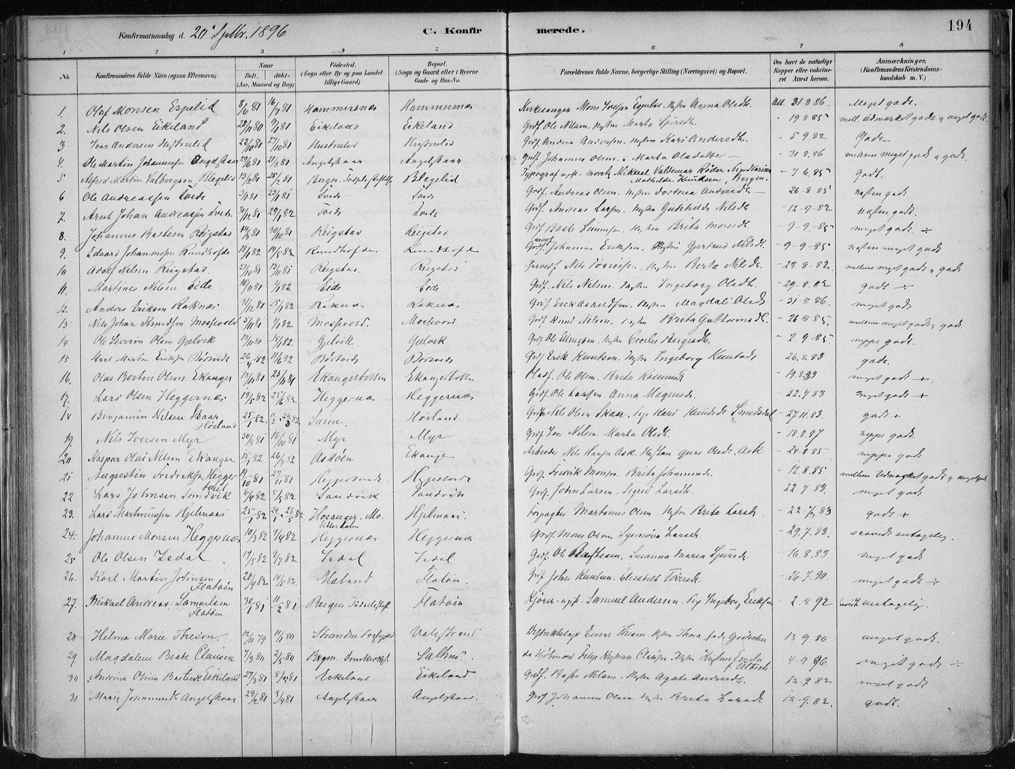 Hamre sokneprestembete, SAB/A-75501/H/Ha/Haa/Haab/L0001: Parish register (official) no. B  1, 1882-1905, p. 194