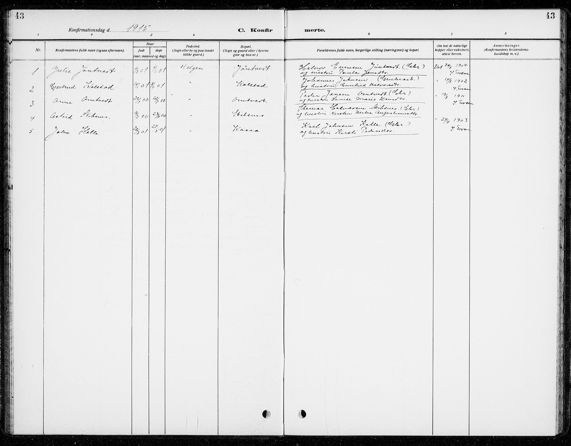 Holla kirkebøker, SAKO/A-272/G/Gb/L0003: Parish register (copy) no. II 3, 1914-1941, p. 43