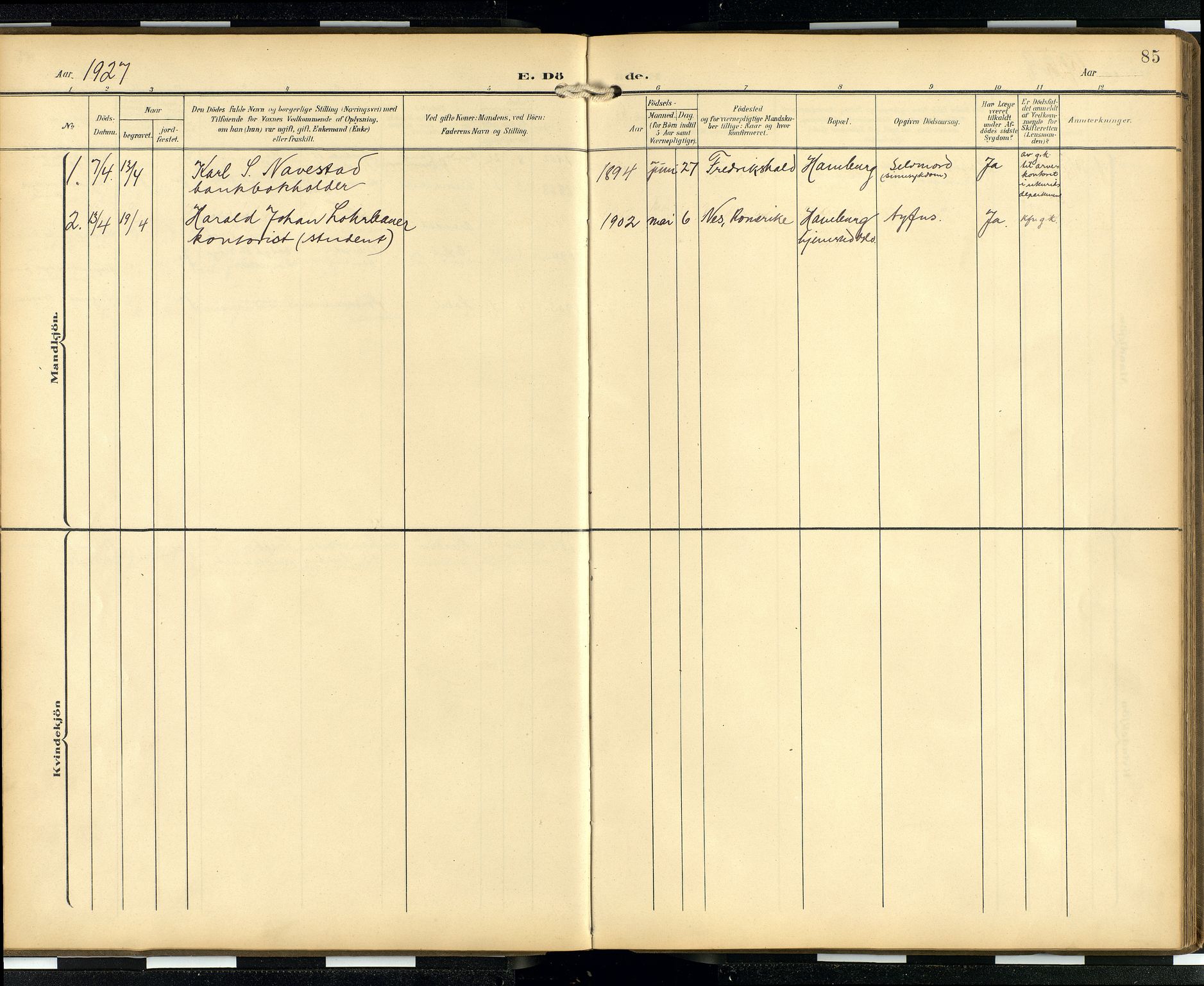 Den norske sjømannsmisjon i utlandet/Hamburg, AV/SAB-SAB/PA-0107/H/Ha/L0001: Parish register (official) no. A 1, 1907-1951, p. 84b-85a