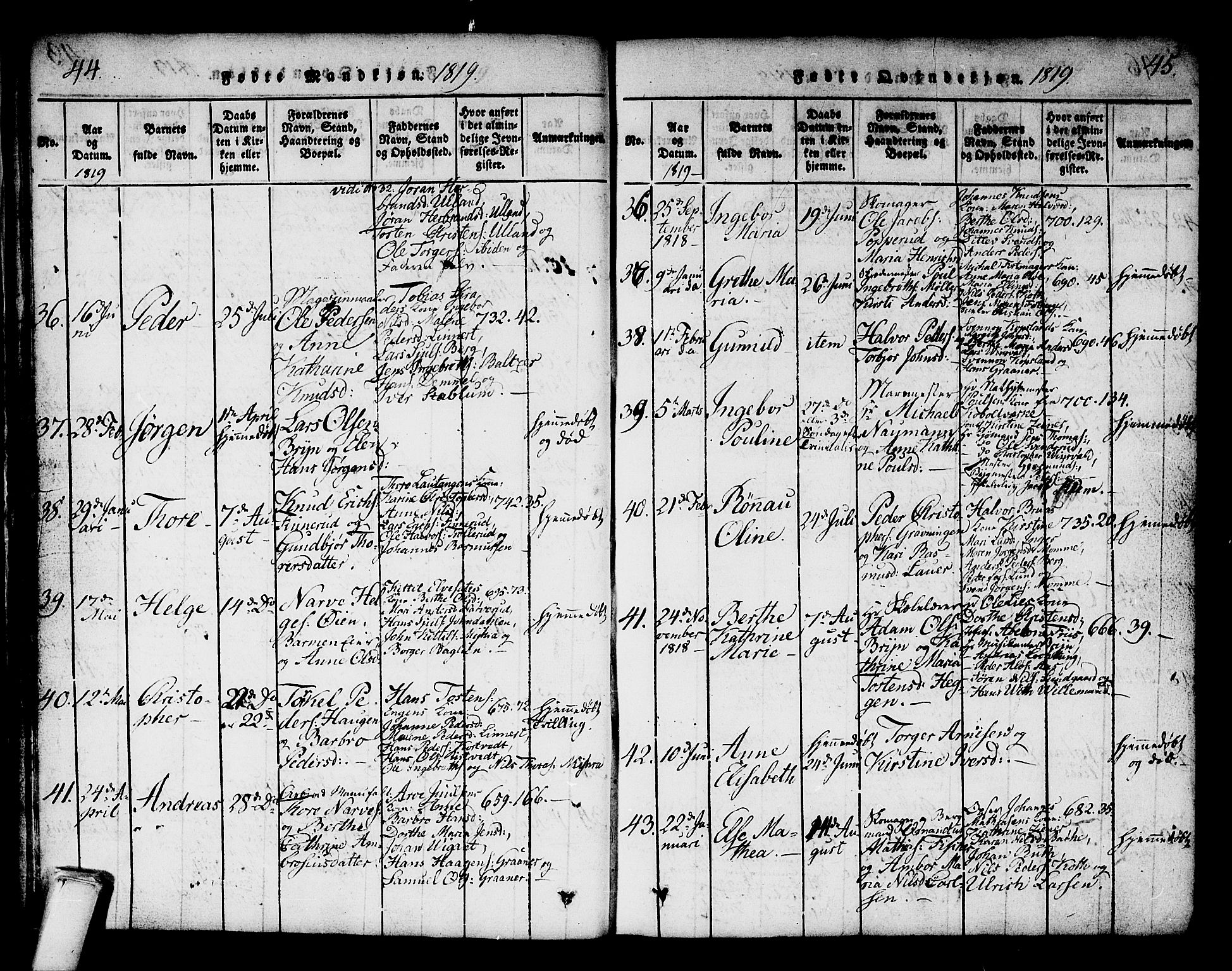 Kongsberg kirkebøker, AV/SAKO-A-22/G/Ga/L0001: Parish register (copy) no. 1, 1816-1839, p. 44-45