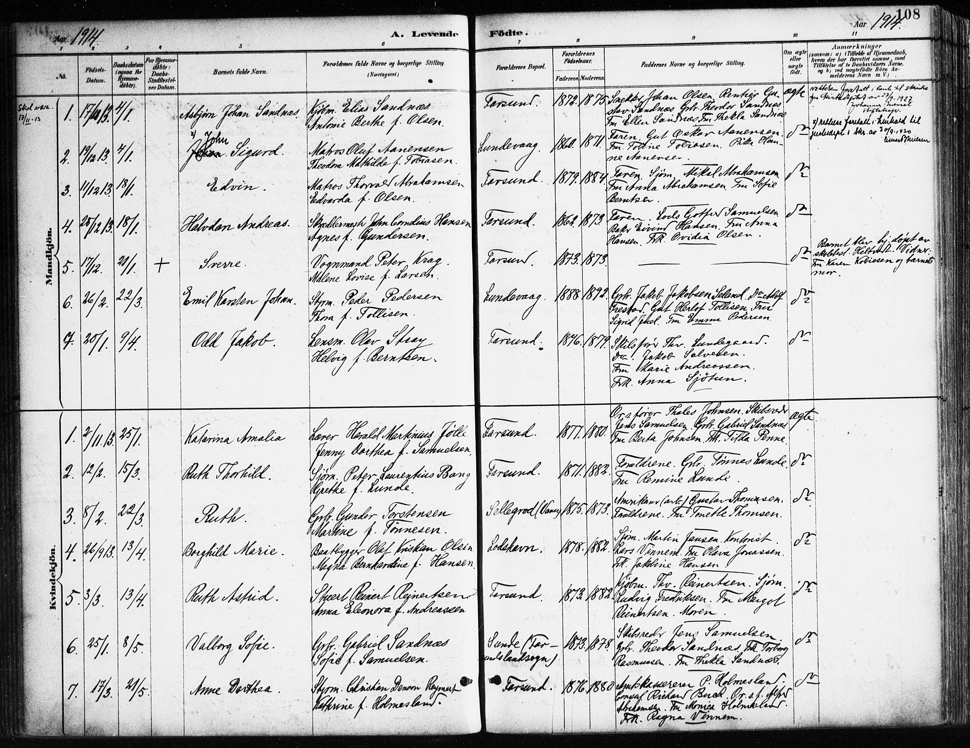 Farsund sokneprestkontor, SAK/1111-0009/F/Fa/L0006: Parish register (official) no. A 6, 1887-1920, p. 108