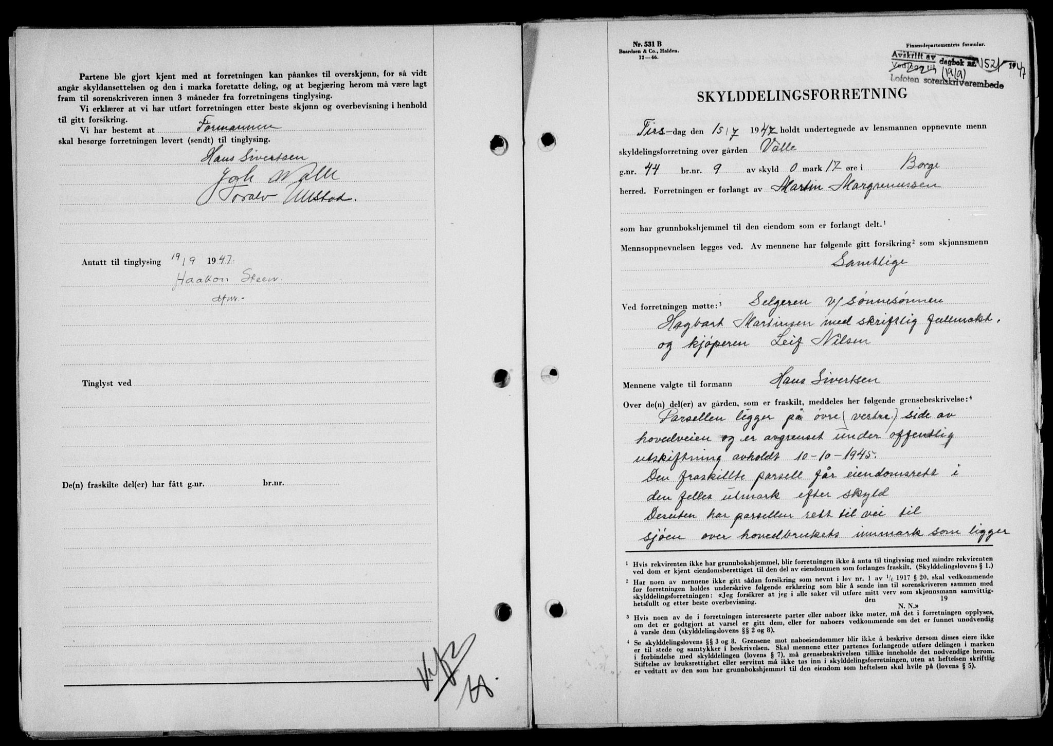 Lofoten sorenskriveri, SAT/A-0017/1/2/2C/L0016a: Mortgage book no. 16a, 1947-1947, Diary no: : 1521/1947