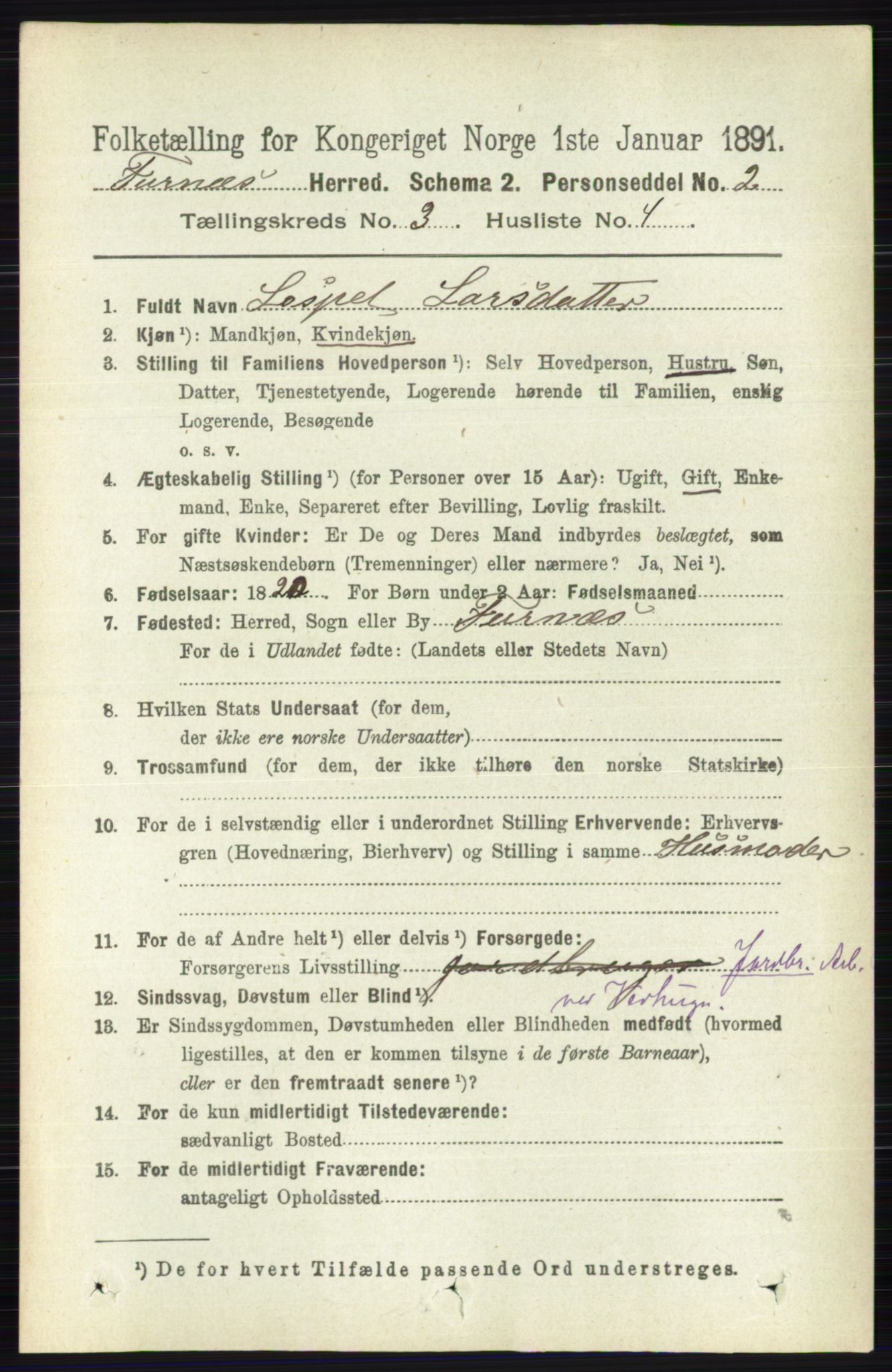 RA, Census 1891 for 0413 Furnes herred, 1891, p. 1657