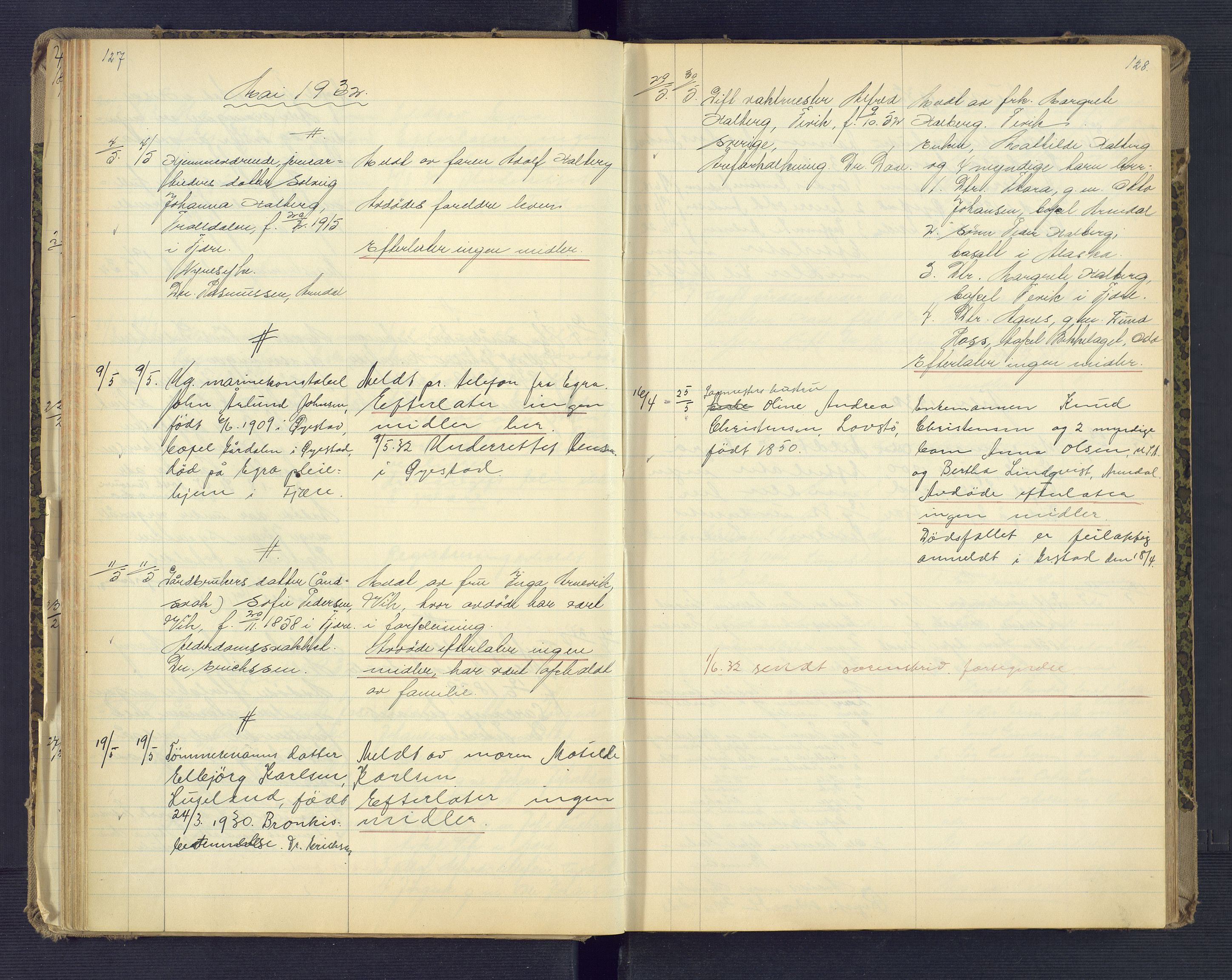 Landvik og Fjære lensmannskontor, AV/SAK-1241-0027/F/Fe/L0003: Anmeldte dødsfall nr 32, 1926-1935, p. 127-128