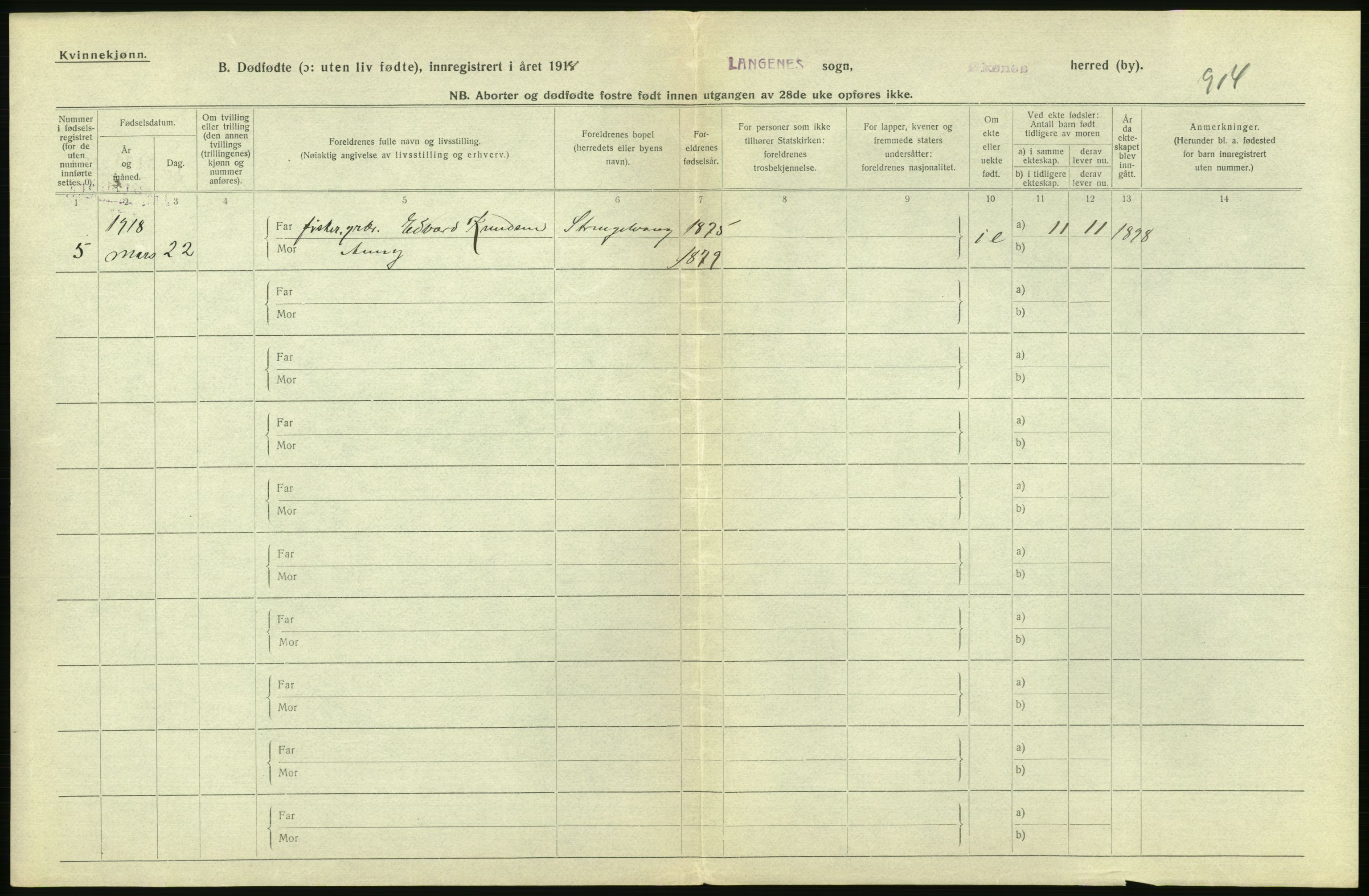 Statistisk sentralbyrå, Sosiodemografiske emner, Befolkning, RA/S-2228/D/Df/Dfb/Dfbh/L0054: Nordland fylke: Gifte, dødfødte. Bygder og byer., 1918, p. 484