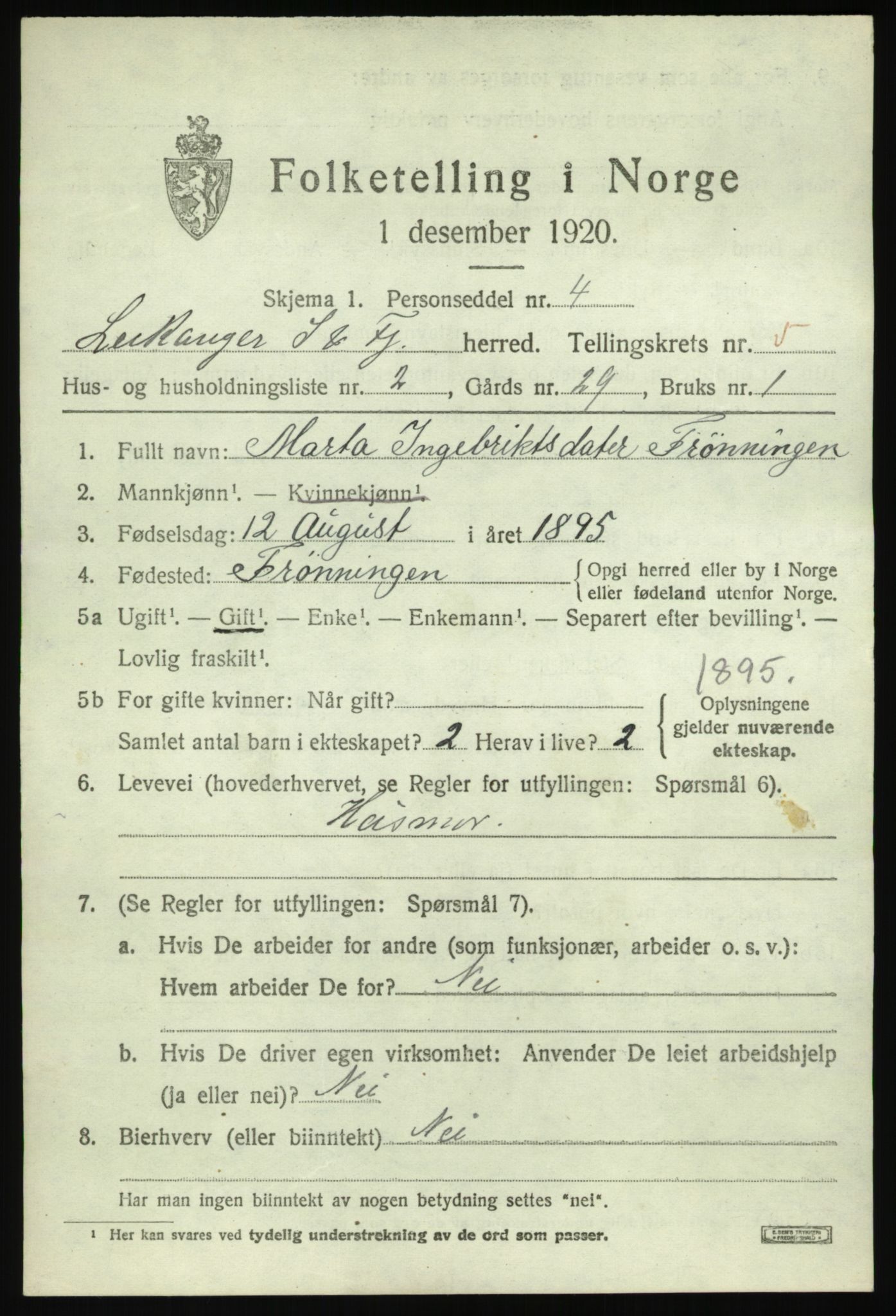 SAB, 1920 census for Leikanger, 1920, p. 3624