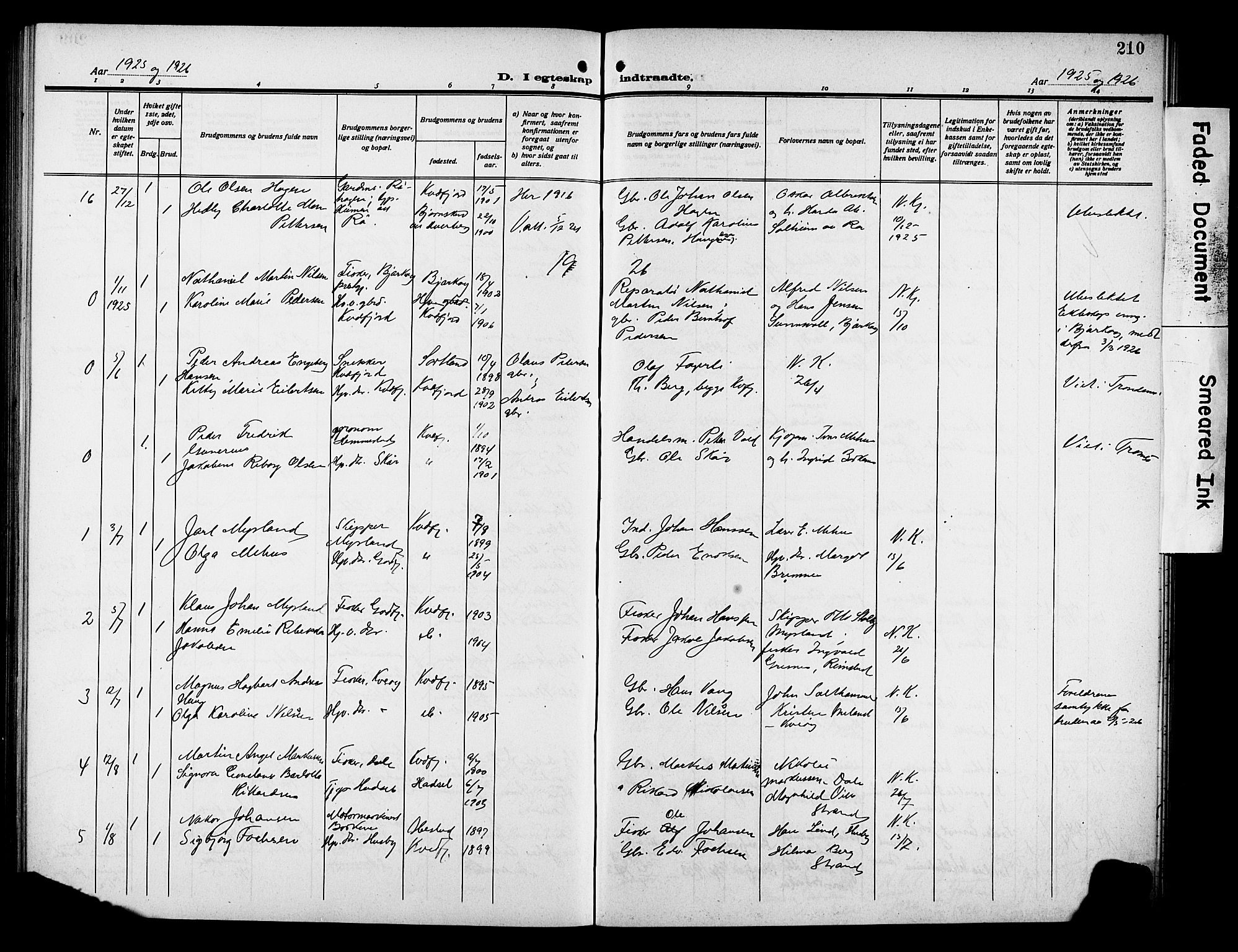 Kvæfjord sokneprestkontor, AV/SATØ-S-1323/G/Ga/Gab/L0006klokker: Parish register (copy) no. 6, 1912-1931, p. 210