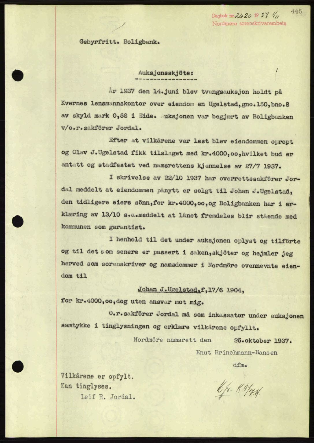 Nordmøre sorenskriveri, AV/SAT-A-4132/1/2/2Ca: Mortgage book no. A82, 1937-1938, Diary no: : 2620/1937