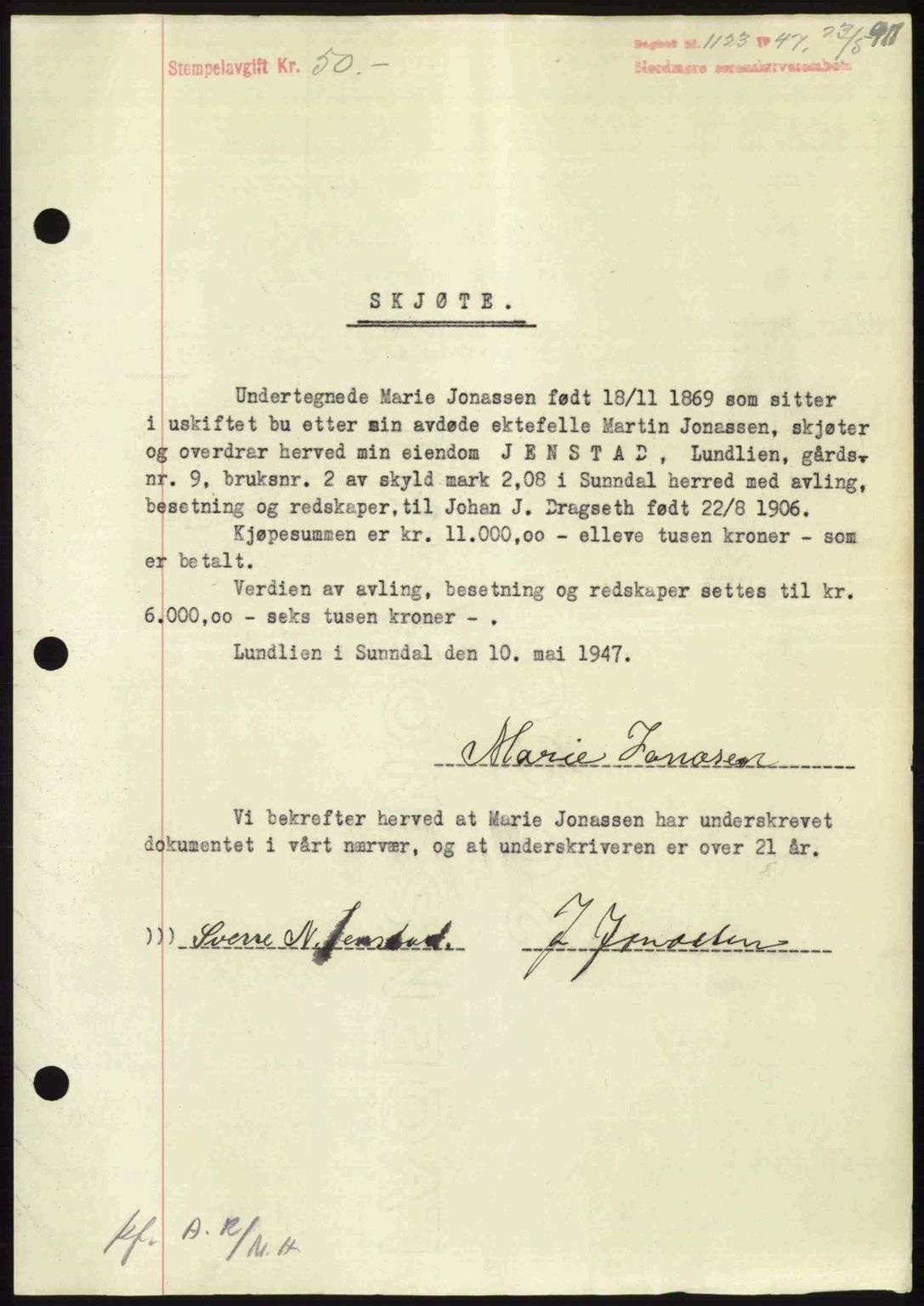 Nordmøre sorenskriveri, AV/SAT-A-4132/1/2/2Ca: Mortgage book no. A104, 1947-1947, Diary no: : 1123/1947