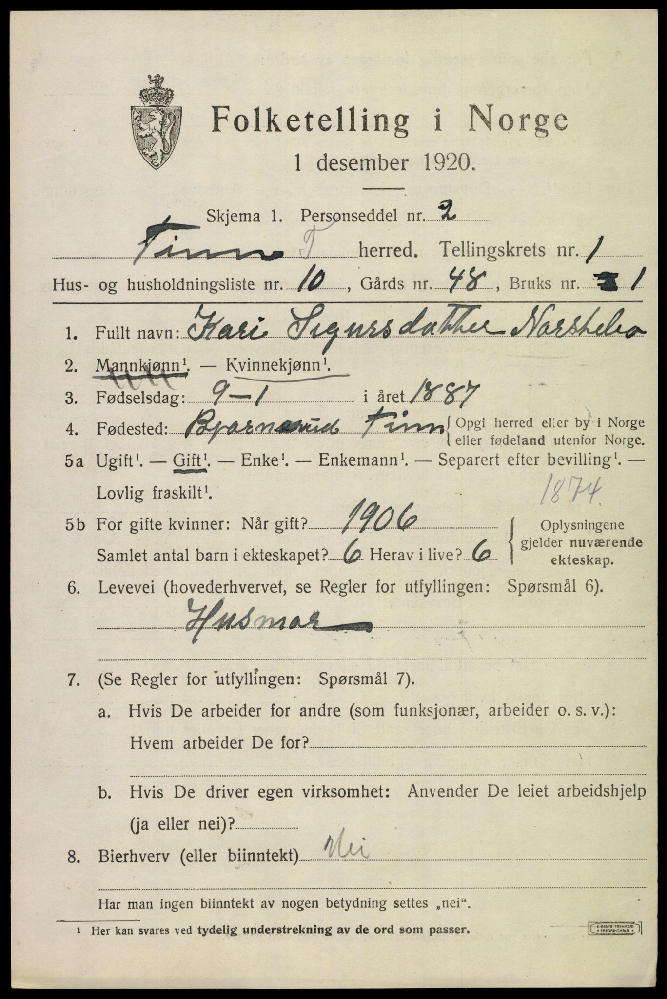 SAKO, 1920 census for Tinn, 1920, p. 2798