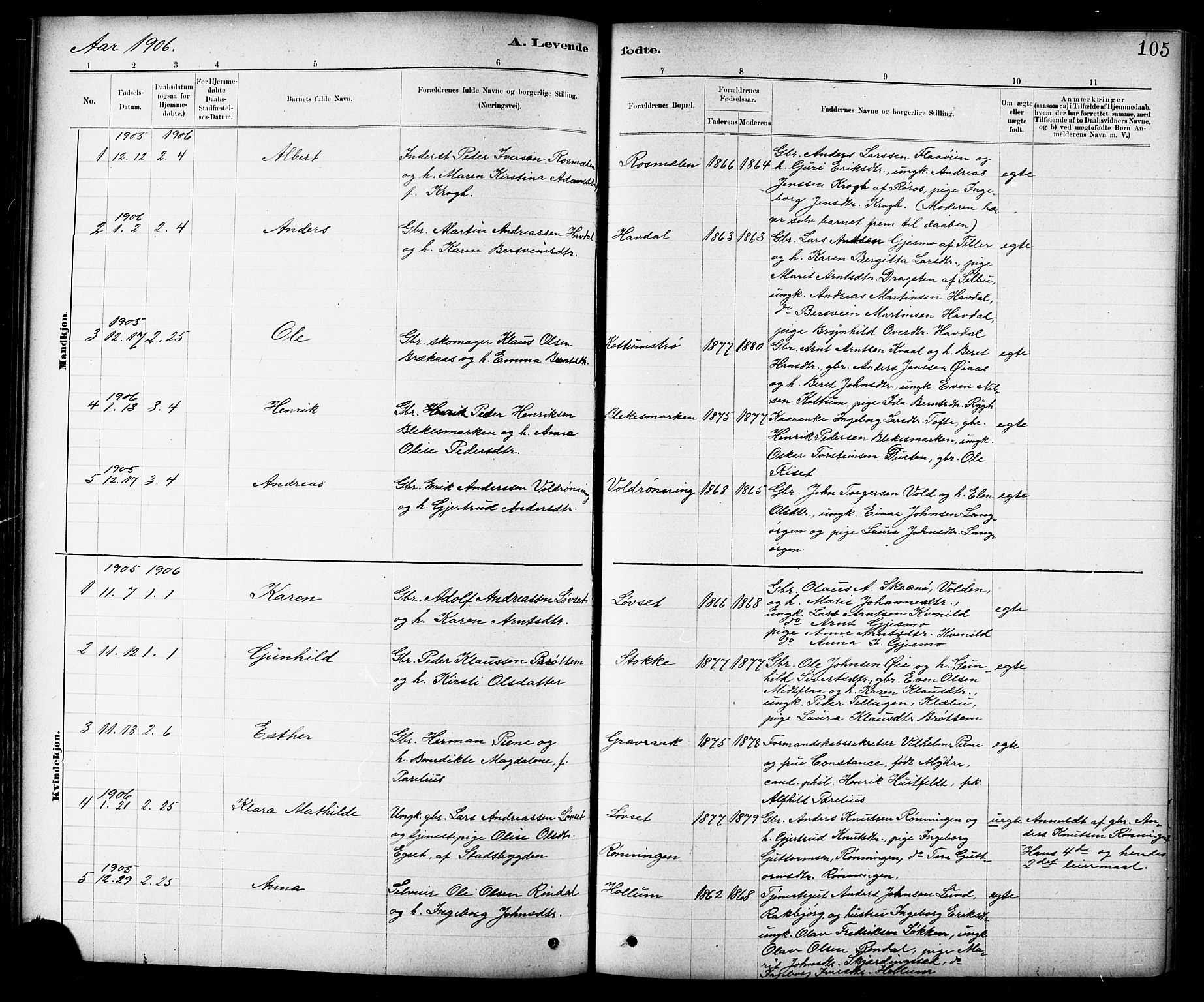 Ministerialprotokoller, klokkerbøker og fødselsregistre - Sør-Trøndelag, SAT/A-1456/691/L1094: Parish register (copy) no. 691C05, 1879-1911, p. 105