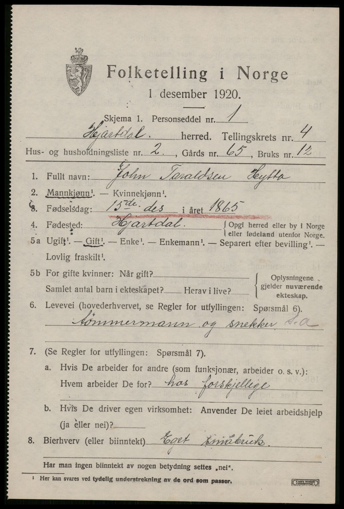 SAKO, 1920 census for Hjartdal, 1920, p. 2802