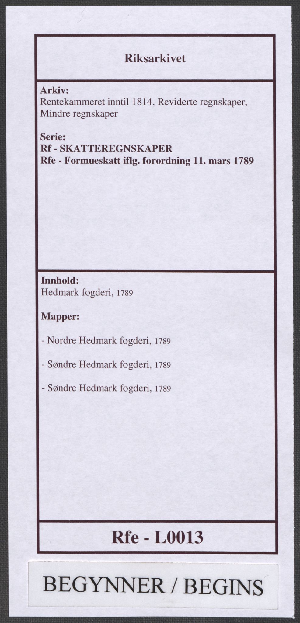 Rentekammeret inntil 1814, Reviderte regnskaper, Mindre regnskaper, RA/EA-4068/Rf/Rfe/L0013: Hedmark fogderi, 1789, p. 1