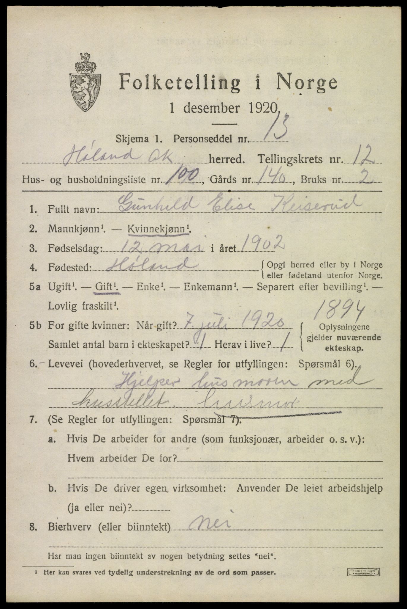 SAO, 1920 census for Høland, 1920, p. 12711