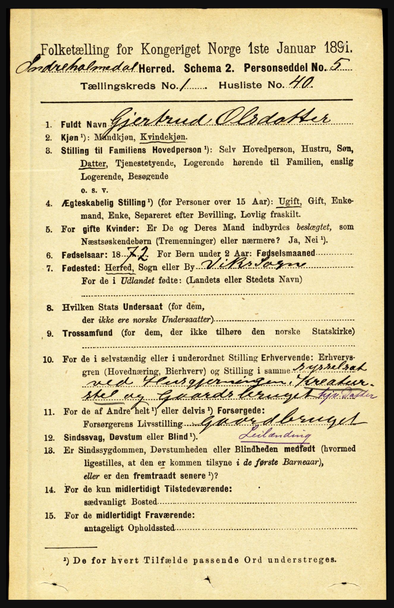 RA, 1891 census for 1430 Indre Holmedal, 1891, p. 373