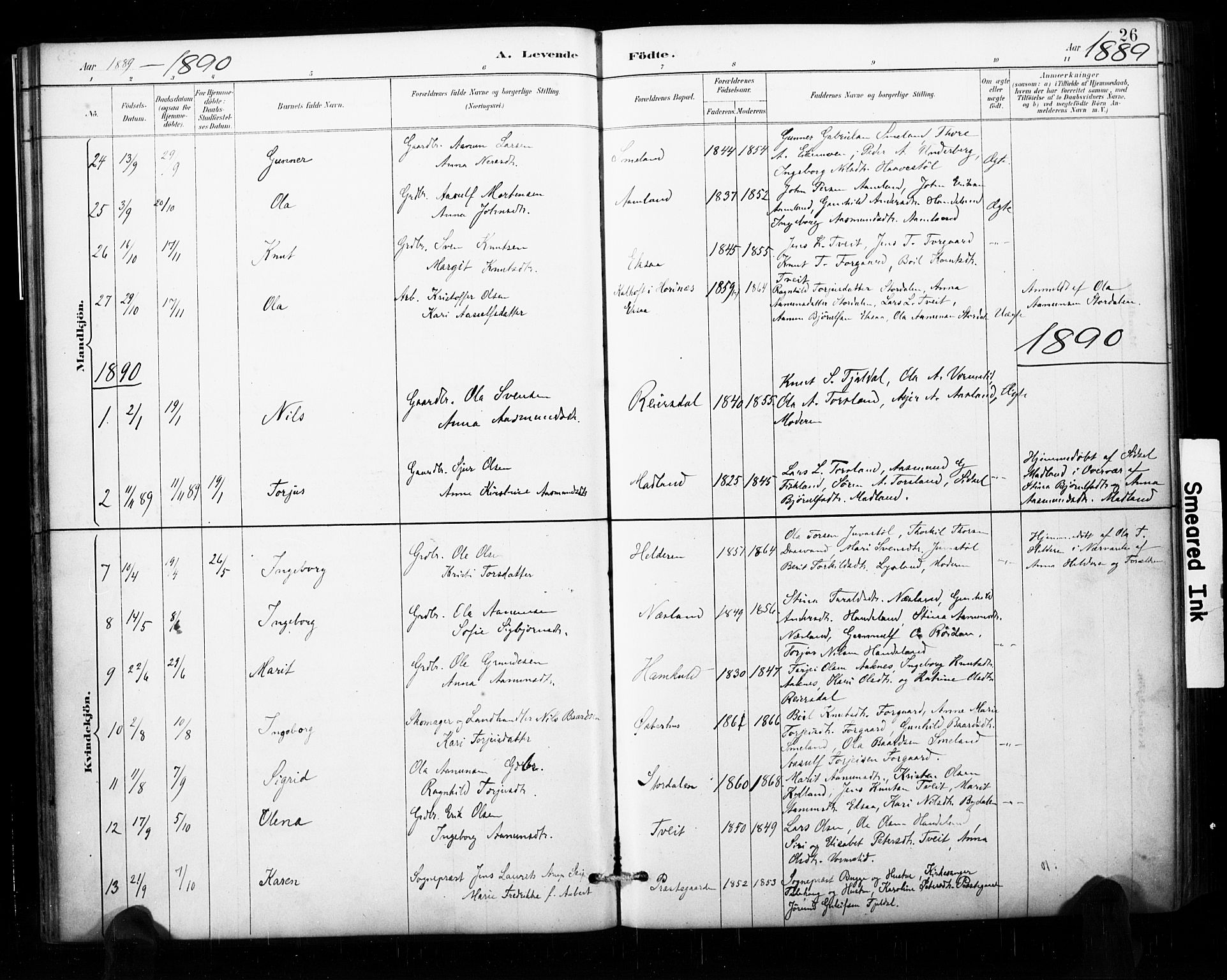 Åseral sokneprestkontor, AV/SAK-1111-0051/F/Fa/L0003: Parish register (official) no. A 3, 1884-1901, p. 26