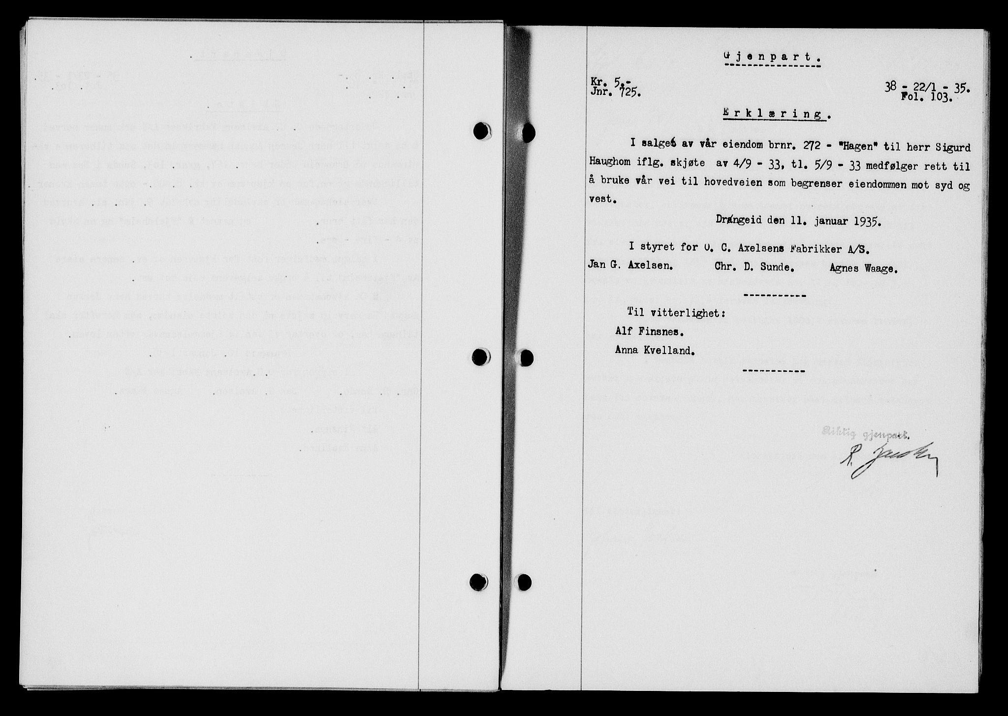 Flekkefjord sorenskriveri, SAK/1221-0001/G/Gb/Gba/L0051: Mortgage book no. 47, 1934-1935, Deed date: 05.02.1935