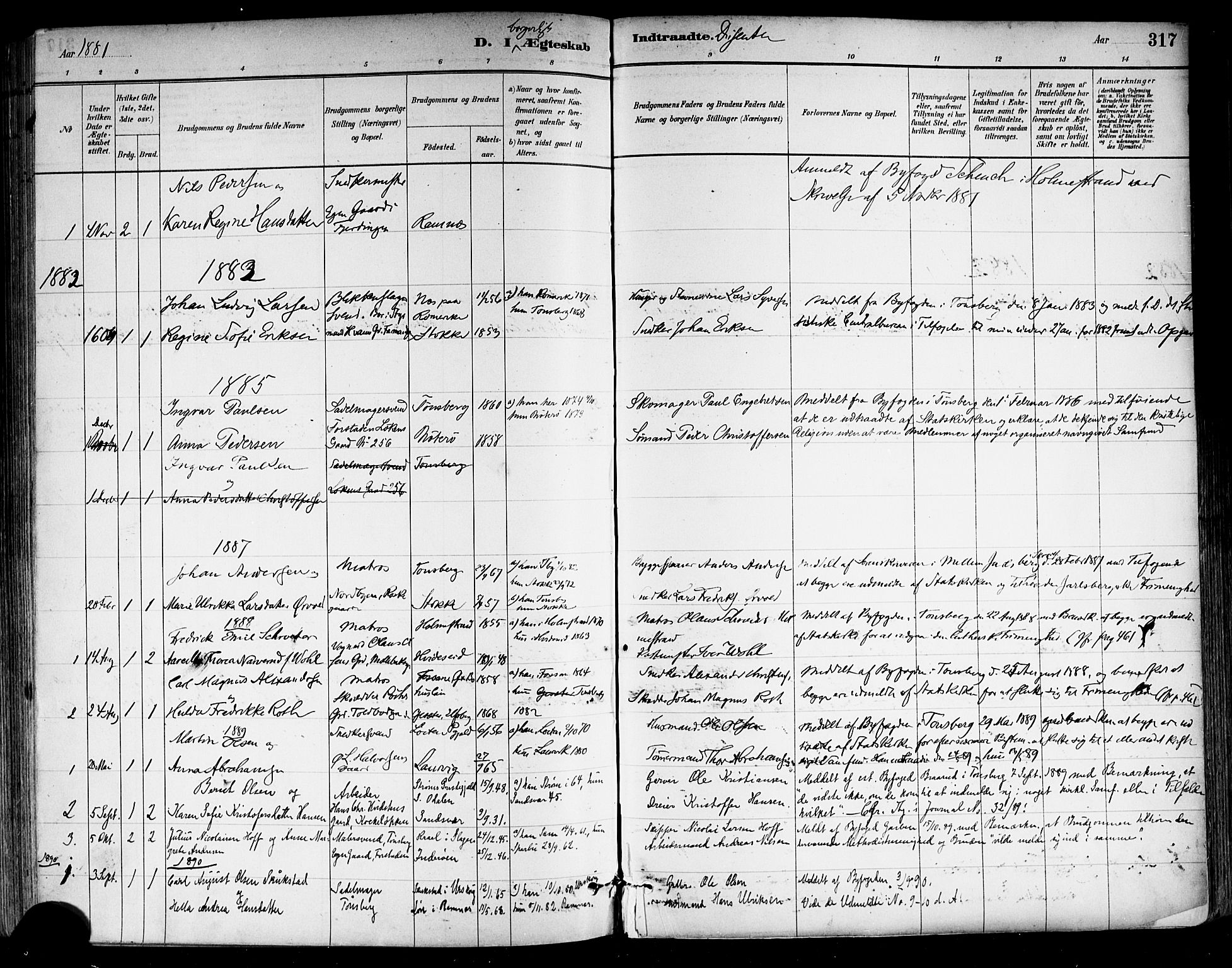 Tønsberg kirkebøker, SAKO/A-330/F/Fa/L0011: Parish register (official) no. I 11, 1881-1890, p. 317