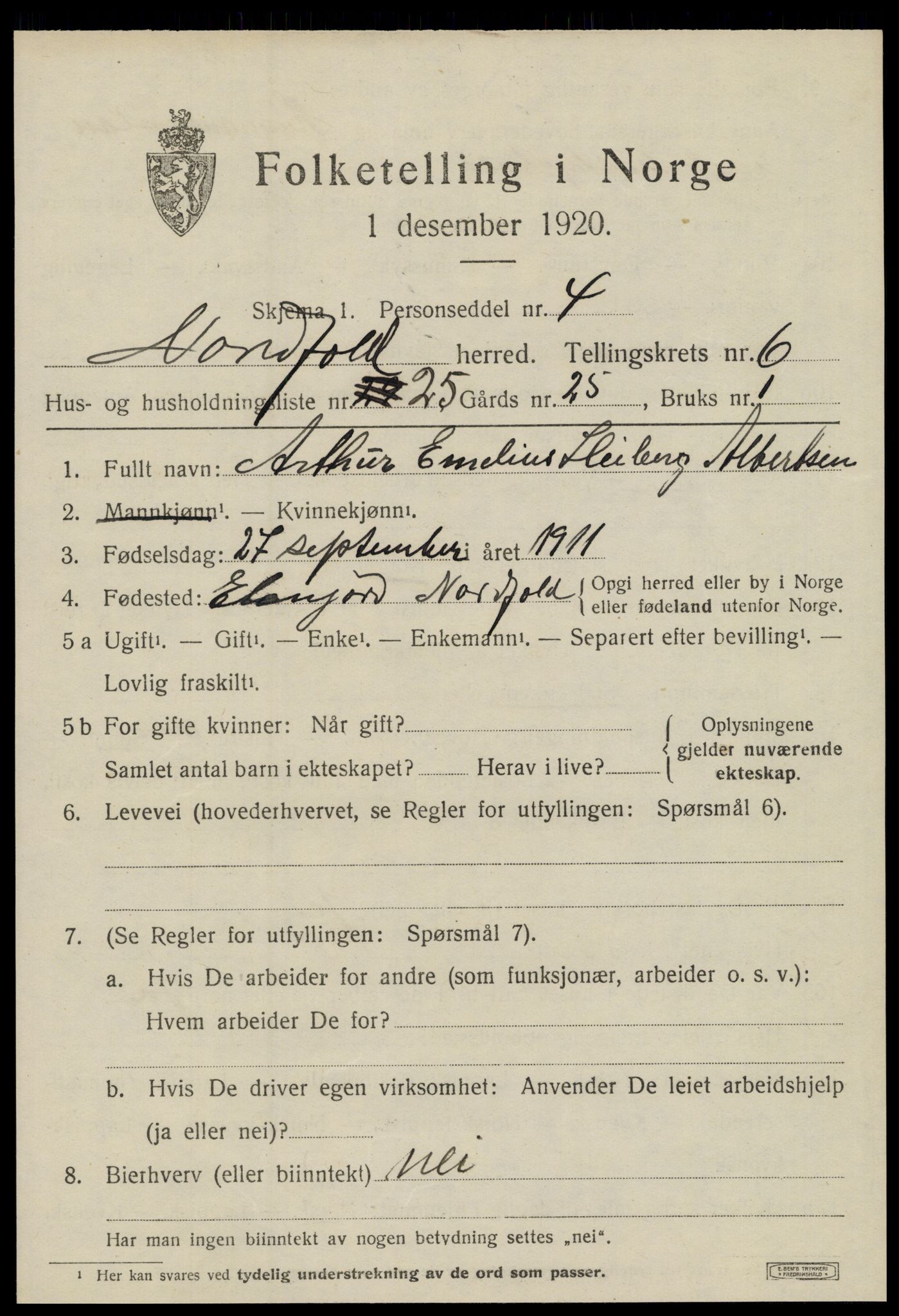 SAT, 1920 census for Nordfold, 1920, p. 2987