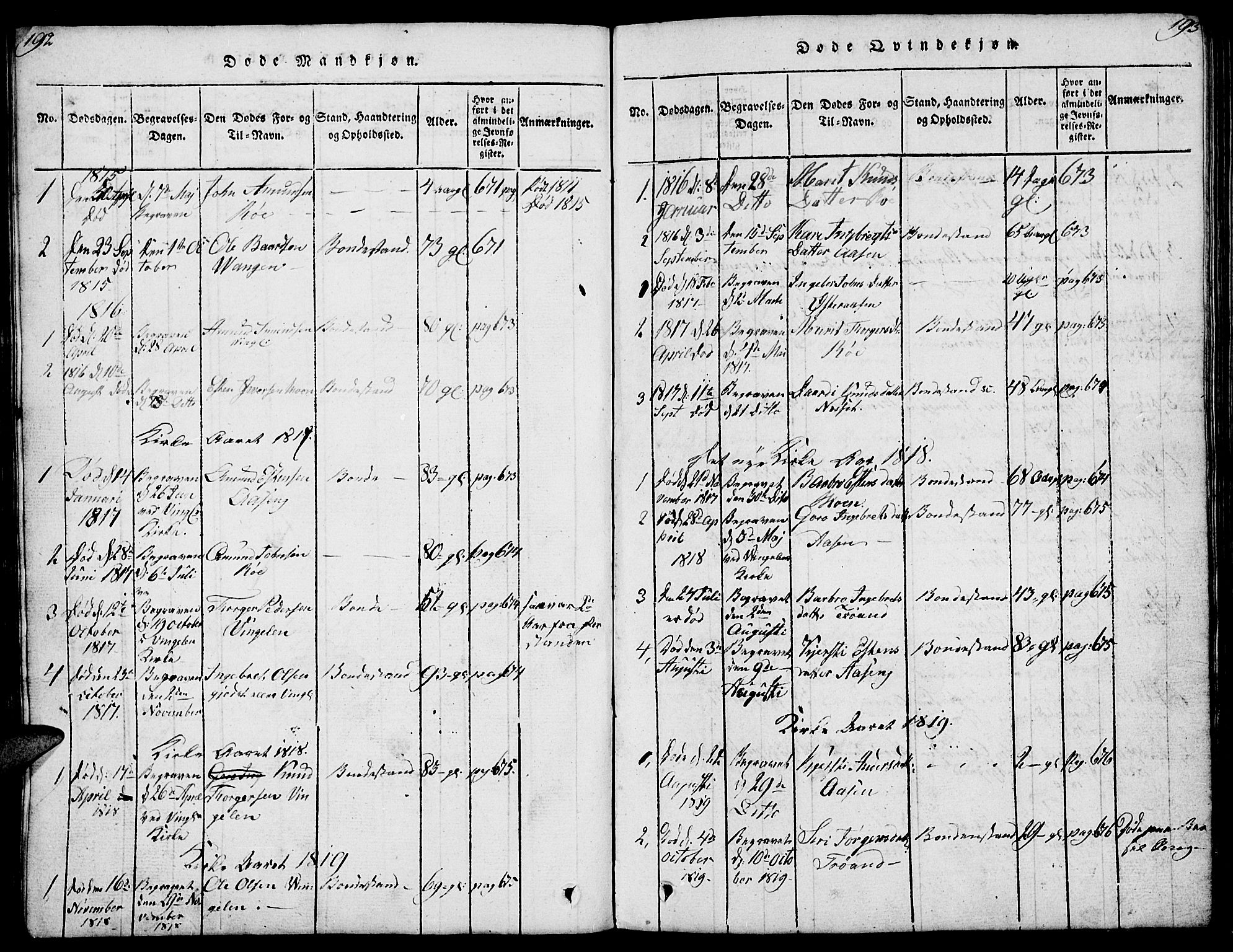 Tolga prestekontor, SAH/PREST-062/L/L0003: Parish register (copy) no. 3, 1815-1862, p. 192-193