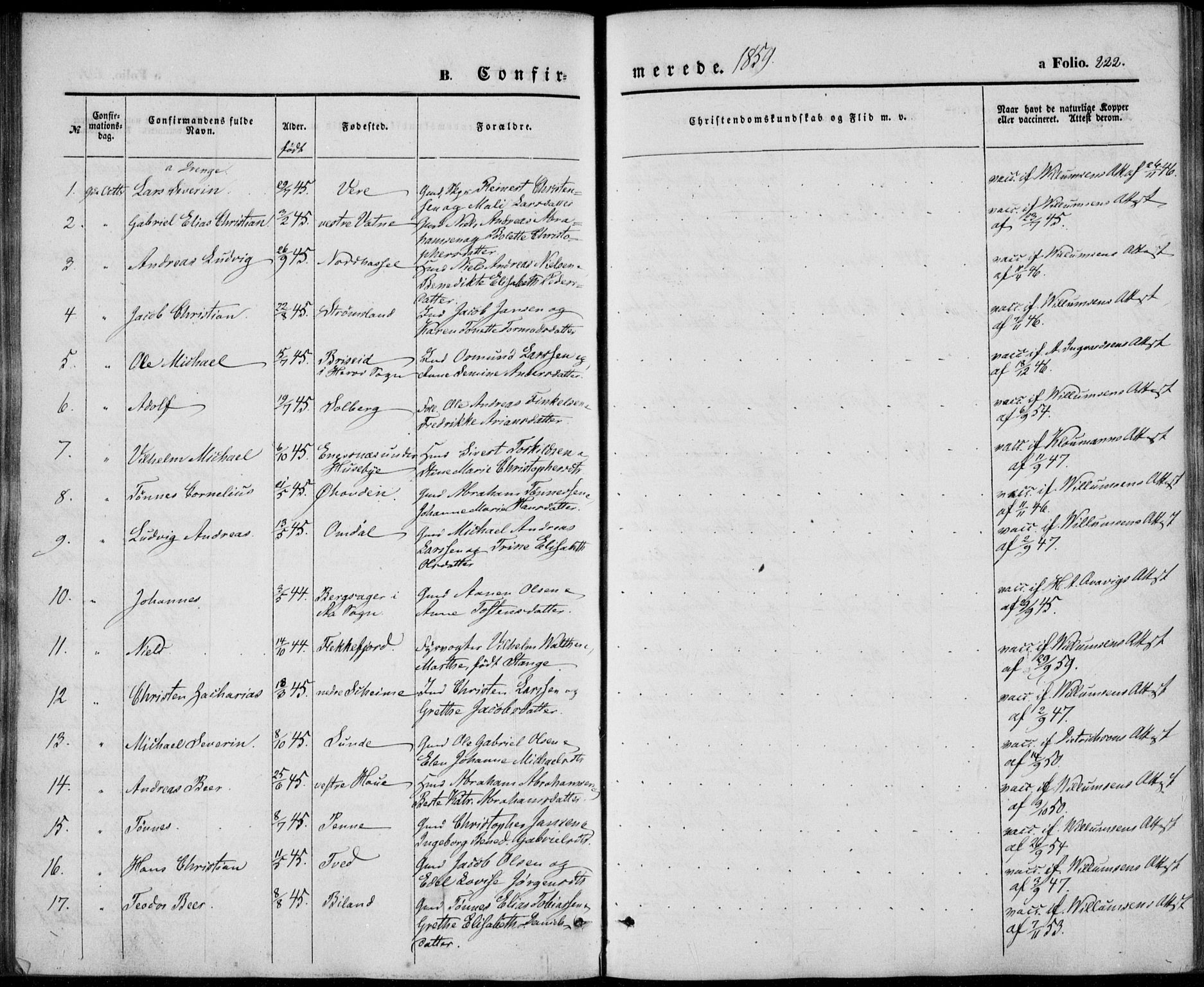 Lista sokneprestkontor, AV/SAK-1111-0027/F/Fb/L0002: Parish register (copy) no. B 2, 1847-1862, p. 222