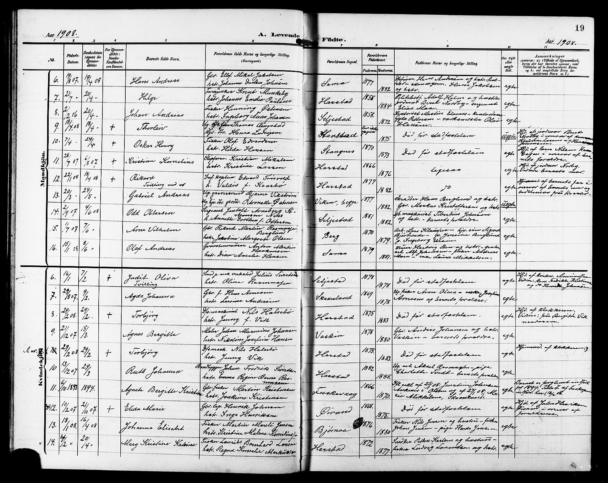 Trondenes sokneprestkontor, AV/SATØ-S-1319/H/Hb/L0012klokker: Parish register (copy) no. 12, 1907-1916, p. 19
